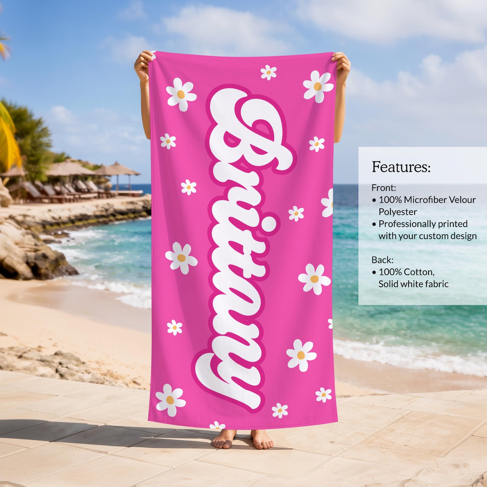 Personalized Daisy Beach Towel, Custom Name Retro Bath Towel, Bachlorette Gift, Kids Beach Towel