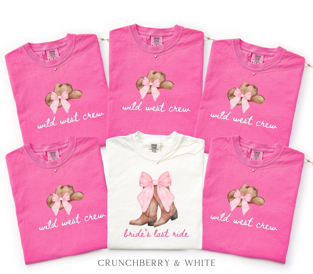 Bachelorette Shirt Bride’s Last Ride, Wild West Crew Tee, Comfort Colors® Western Cowgirl Boots Pink Bow Nashville Bachelorette Party tShirt