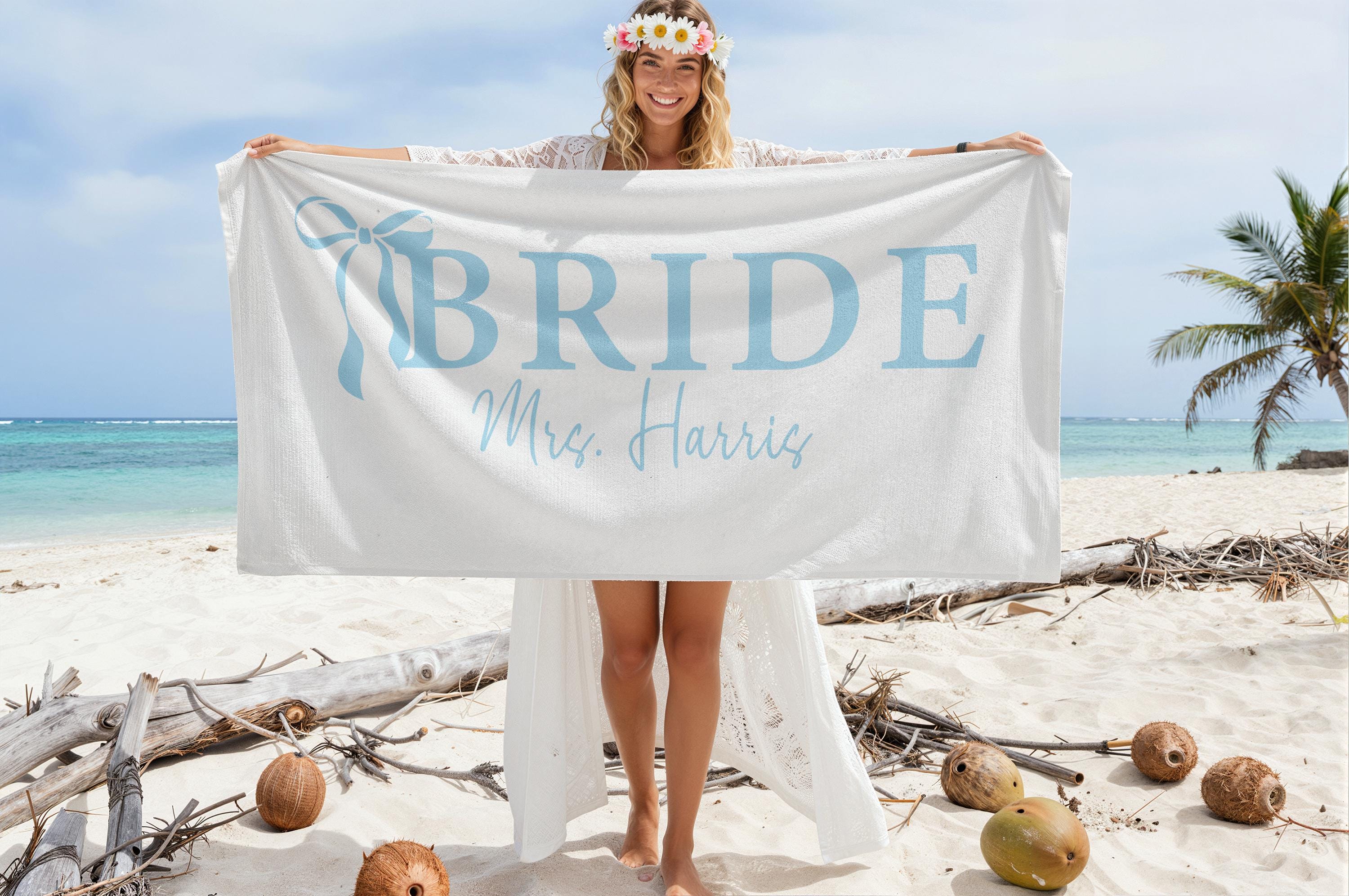 Personalized Bride Beach Towel, Custom Bride Bow Towel, Honeymoon Gift, Bachelorette Party Towel, Bridal Shower Gift, Girls Trip