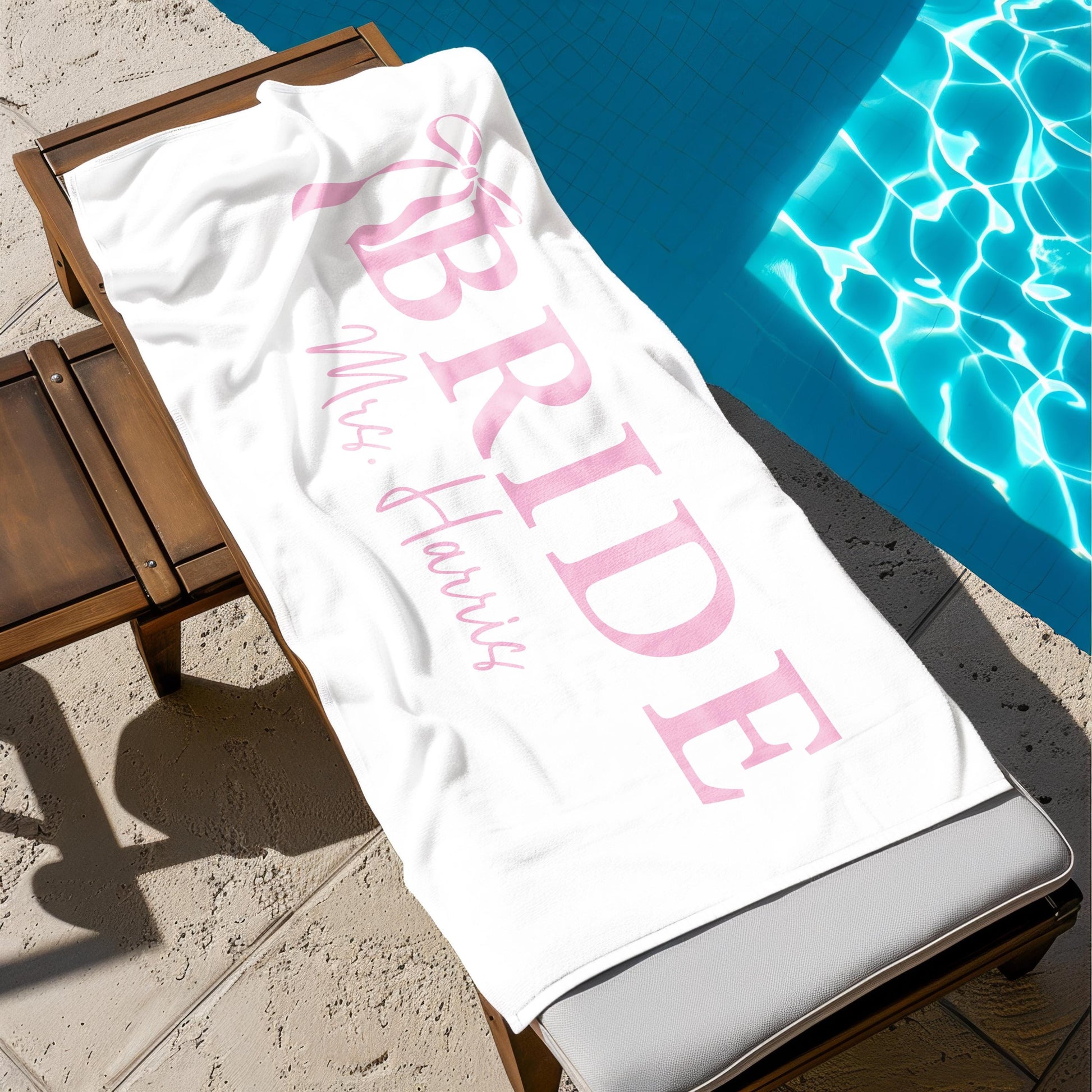 Personalized Bride Beach Towel, Custom Bride Bow Towel, Honeymoon Gift, Bachelorette Party Towel, Bridal Shower Gift, Girls Trip