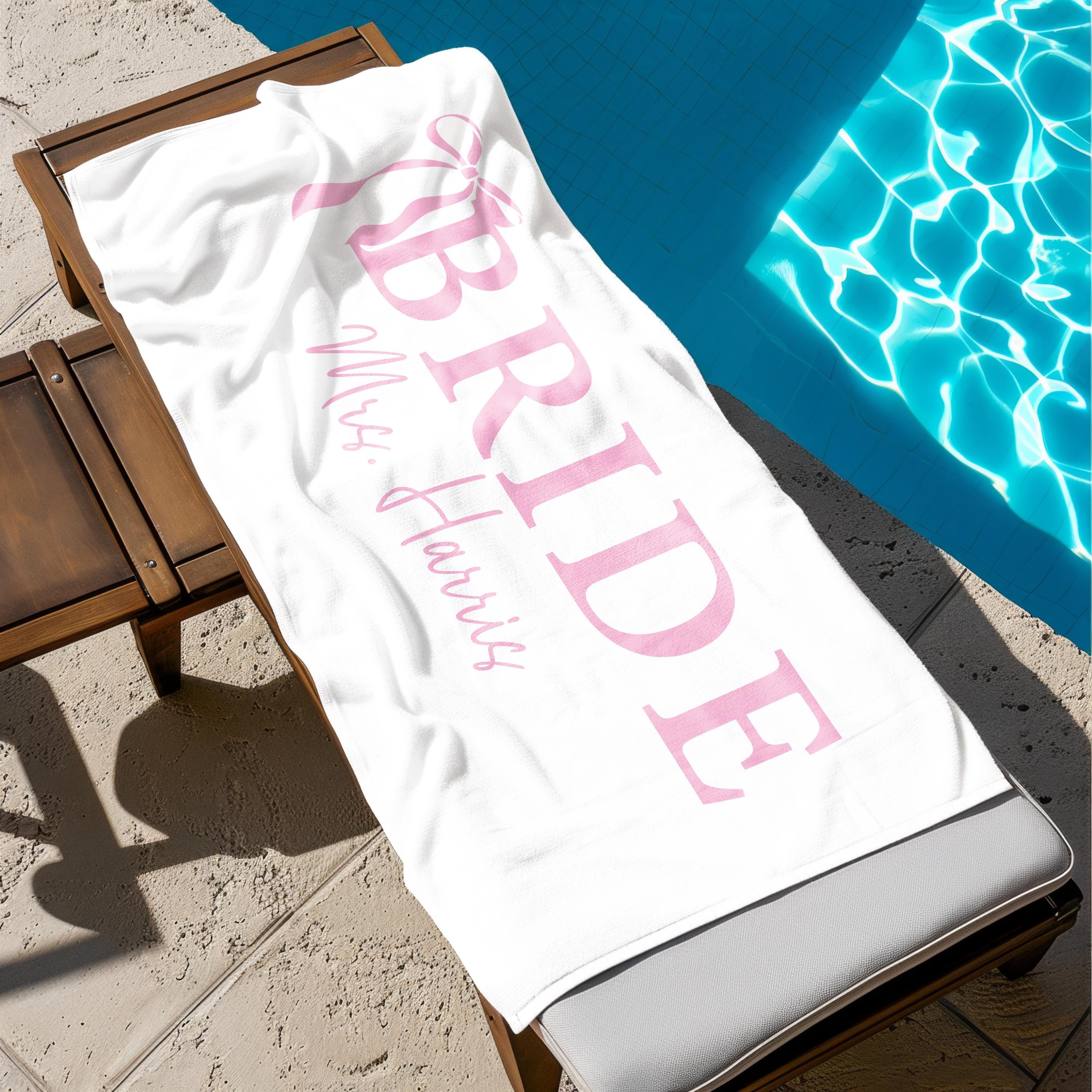 Personalized Bride Beach Towel, Custom Bride Bow Towel, Honeymoon Gift, Bachelorette Party Towel, Bridal Shower Gift, Girls Trip
