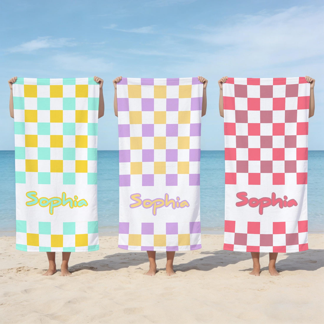 Custom Name Checkered Beach Towel Retro Style Monogram Pool Towel for Kids and Adults,Ideal for Bachelorette Parties,Oversized Bath Towel.