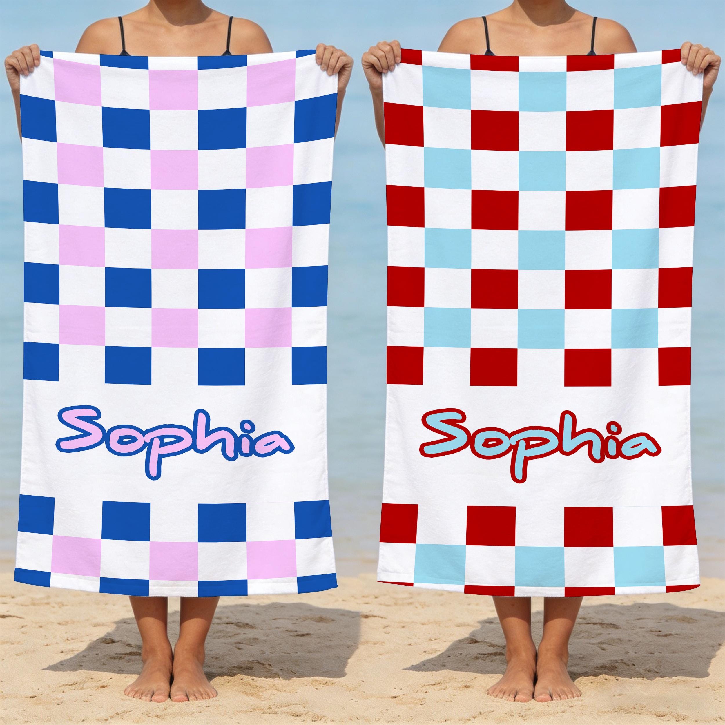 Custom Name Checkered Beach Towel Retro Style Monogram Pool Towel for Kids and Adults,Ideal for Bachelorette Parties,Oversized Bath Towel.