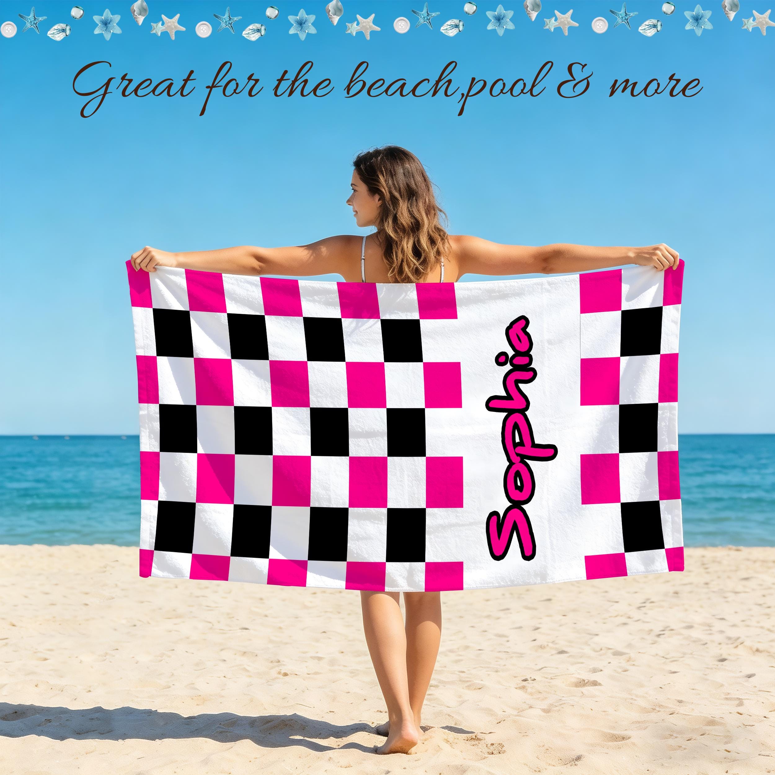Custom Name Checkered Beach Towel Retro Style Monogram Pool Towel for Kids and Adults,Ideal for Bachelorette Parties,Oversized Bath Towel.