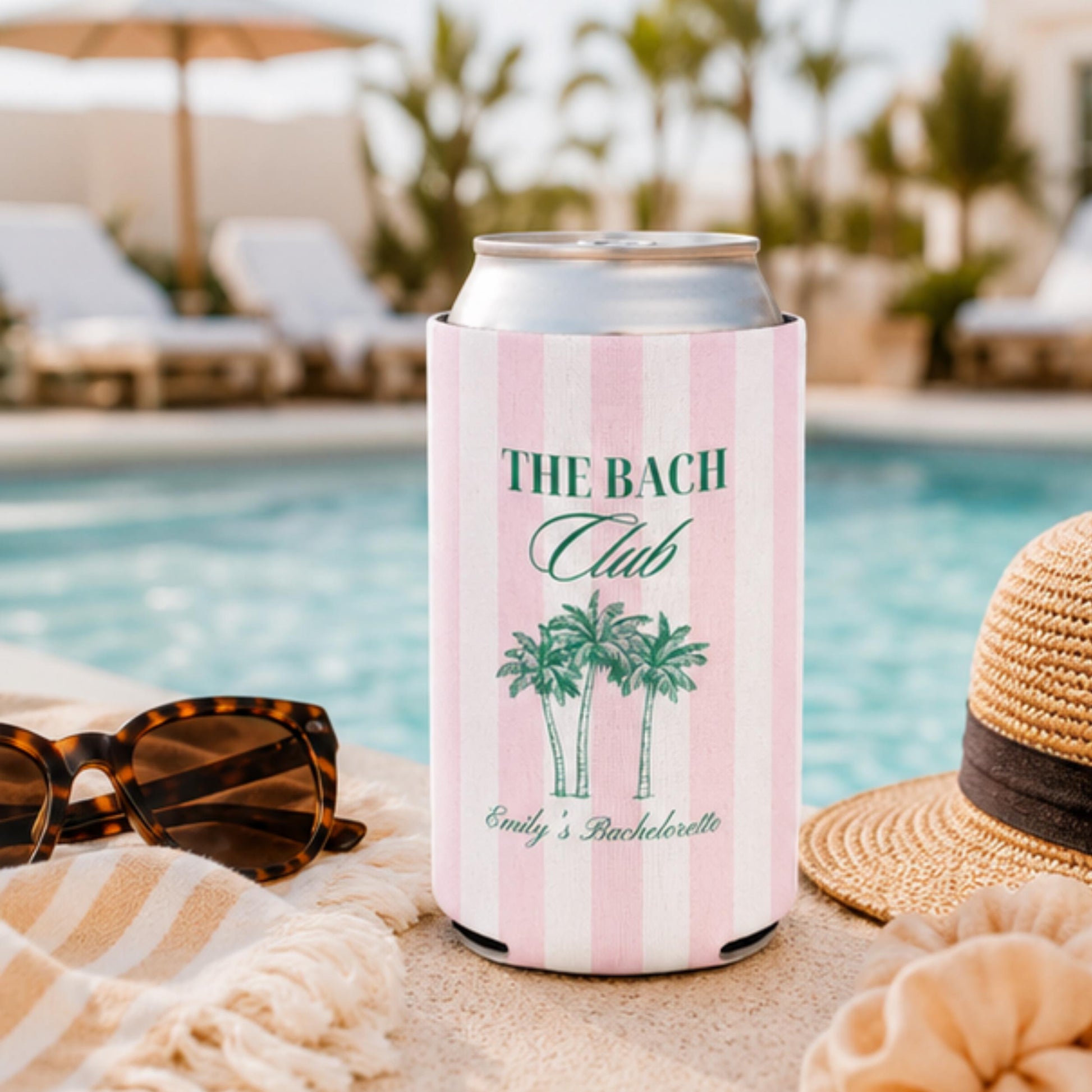Personalized Beach Bachelorette Can Cooler, Custom Girls Trip Drink Holder, Coastal Weekend Party Favor, Slim Can Holder, Destination Bach