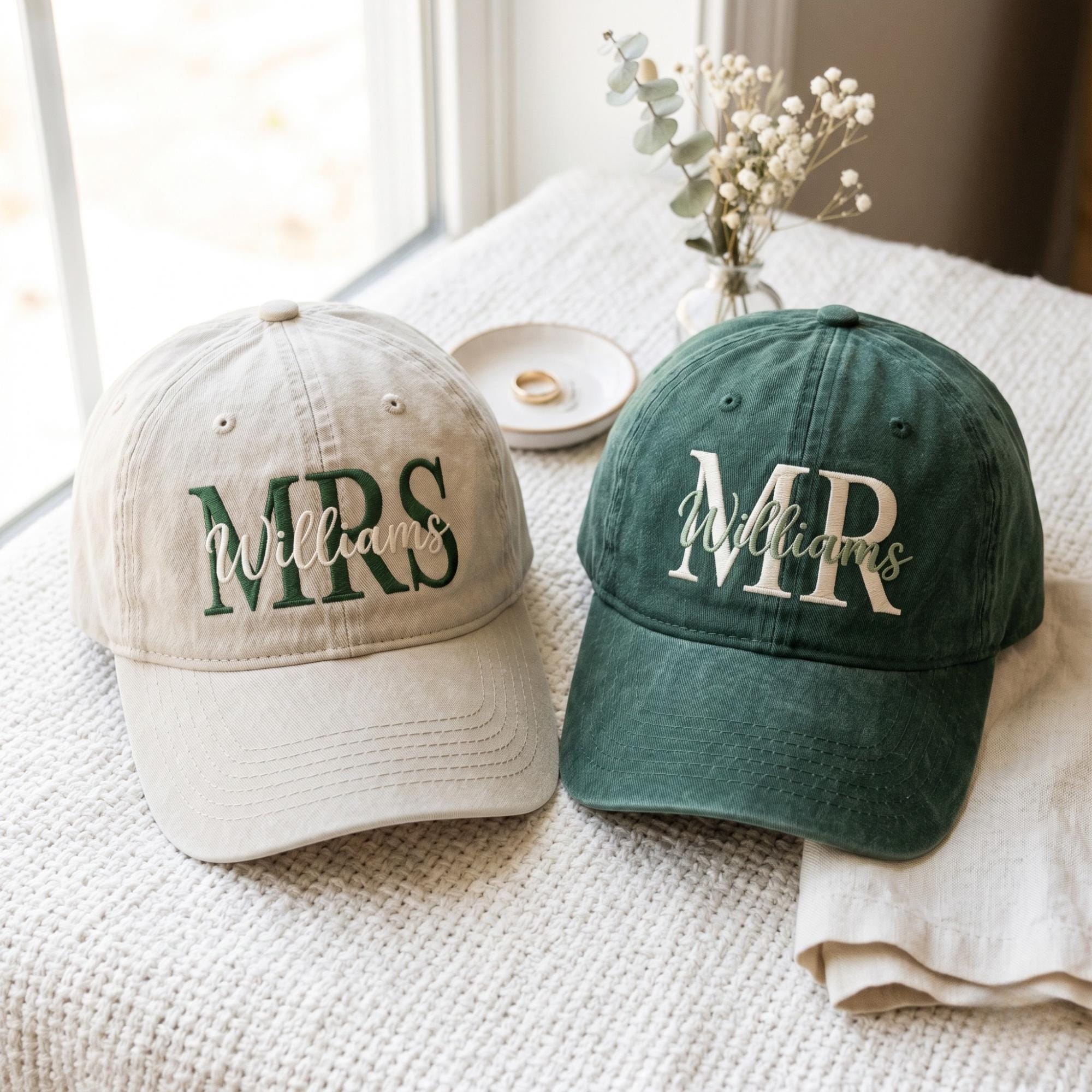 Embroidered Custom Mr. and Mrs. Trucker Hat, Personalized Honeymoon Couple Baseball Cap