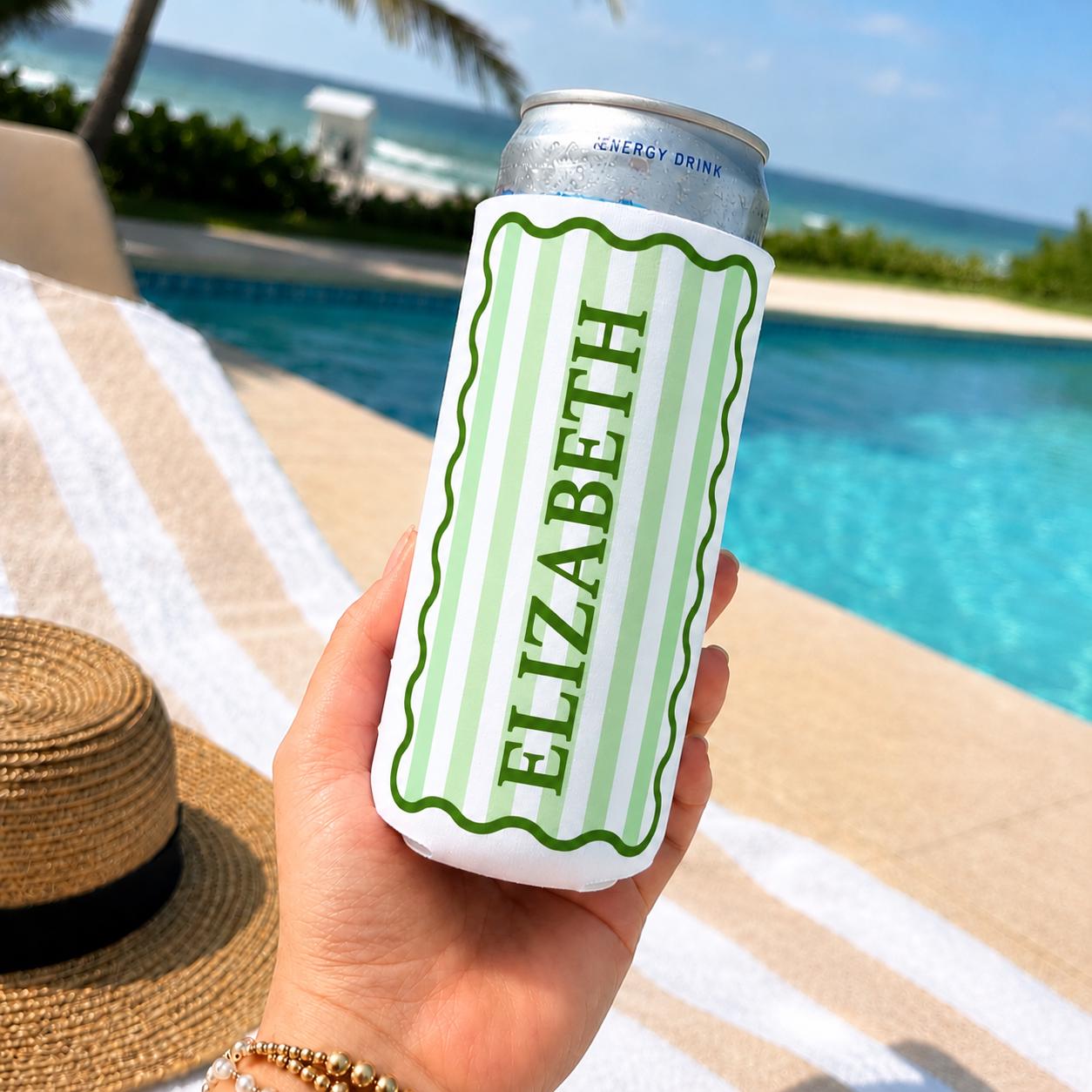Stripe Custom Drink Can Coolers, Bridesmaid Gifts, Wedding Party Favors, Personalized Cozies, Gifts for Her, Slim or Regular Cozie with Name