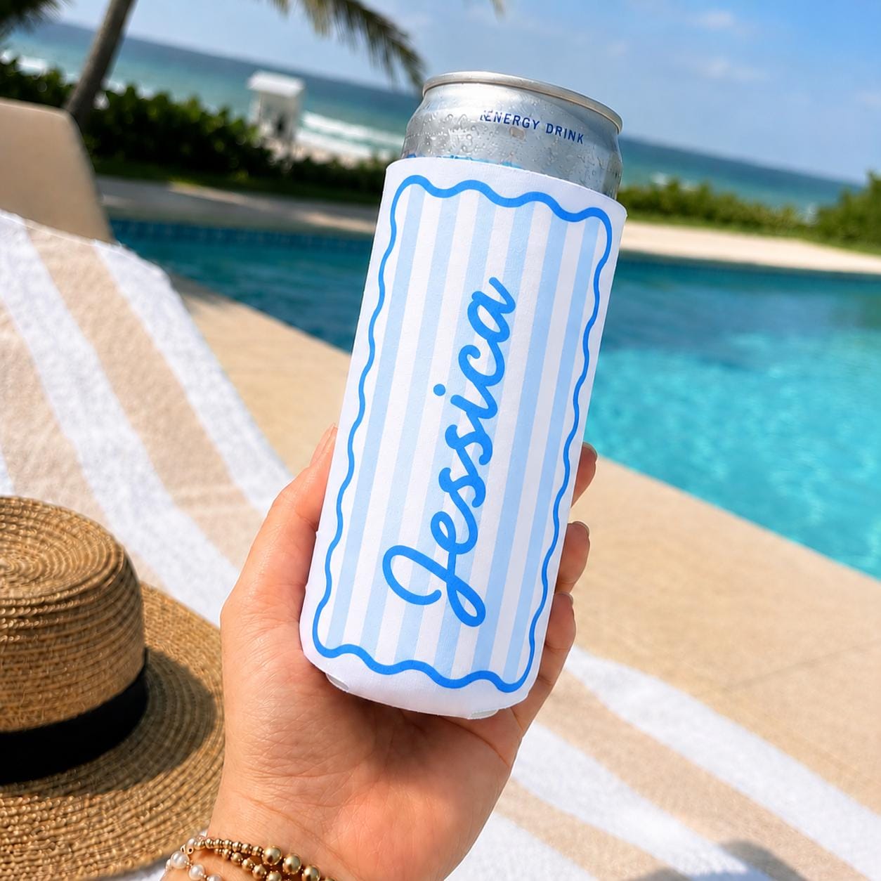 Stripe Custom Drink Can Coolers, Bridesmaid Gifts, Wedding Party Favors, Personalized Cozies, Gifts for Her, Slim or Regular Cozie with Name
