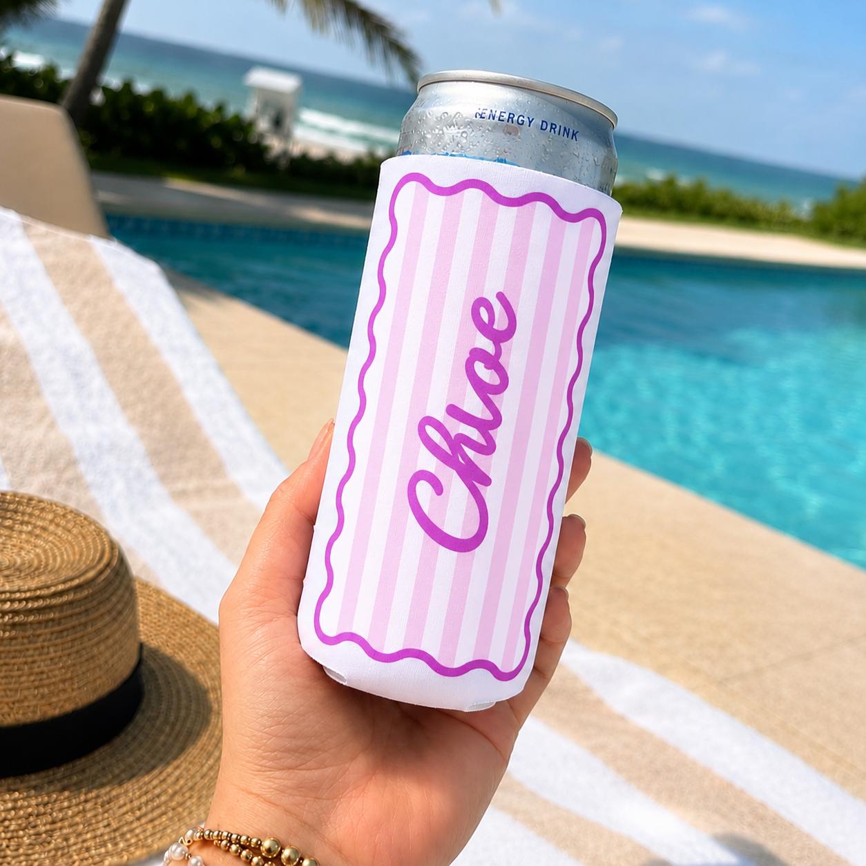 Stripe Custom Drink Can Coolers, Bridesmaid Gifts, Wedding Party Favors, Personalized Cozies, Gifts for Her, Slim or Regular Cozie with Name