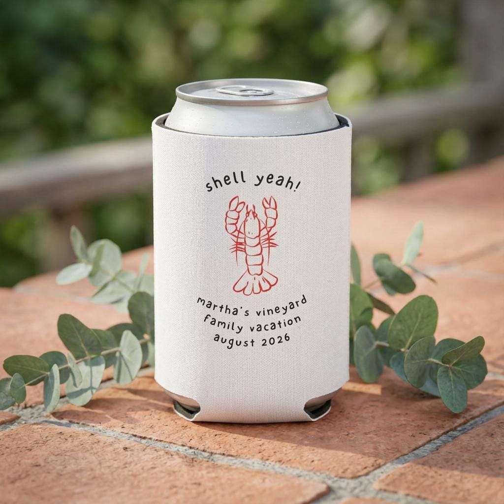 Personalized Lobster Can Cooler, Beach Party Drink Sleeve, Summer BBQ Accessory, CUSTOM New England Vacation Gift