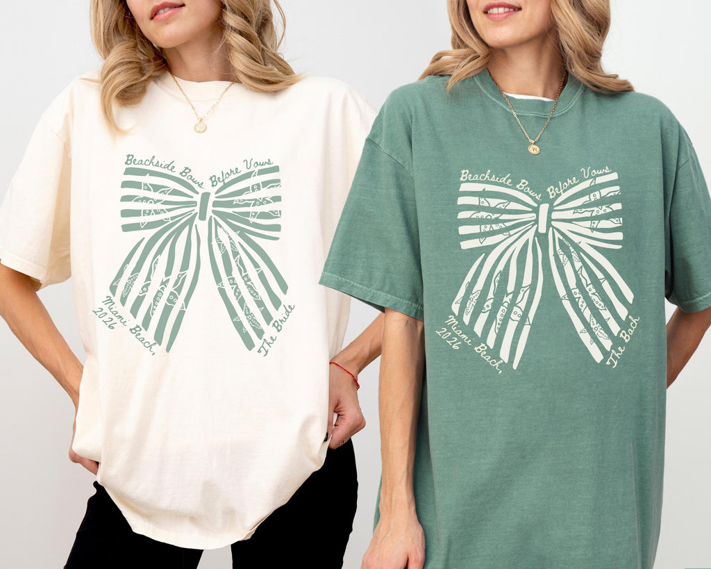 Custom Coquette Beachside Bows Before Vows Shirt, Custom Bachelorette Beach Tee, Personalized Bride Trip Shirt, Comfort Colors Coastal Bach.