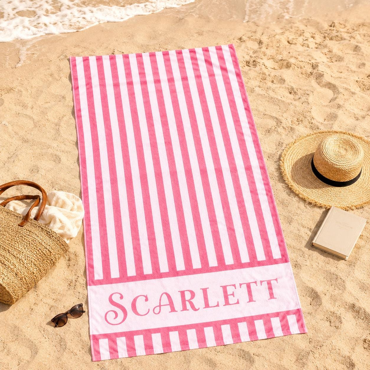 Personalized Vertical Striped Beach Towel, Custom Name Pool Swim Towel, Family Summer Trip Bachelorette Gift, Swimming Club Towel