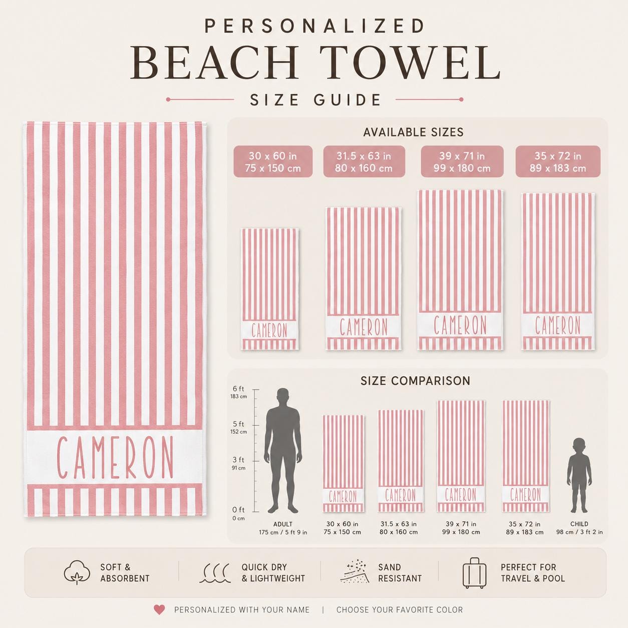 Personalized Vertical Striped Beach Towel, Custom Name Pool Swim Towel, Family Summer Trip Bachelorette Gift, Swimming Club Towel
