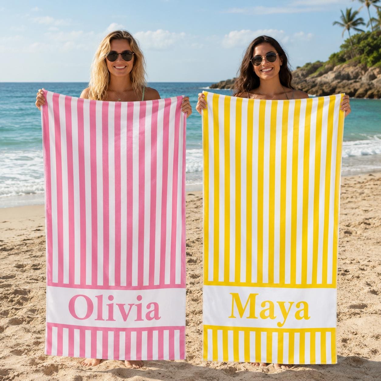 Personalized Vertical Striped Beach Towel, Custom Name Pool Swim Towel, Family Summer Trip Bachelorette Gift, Swimming Club Towel