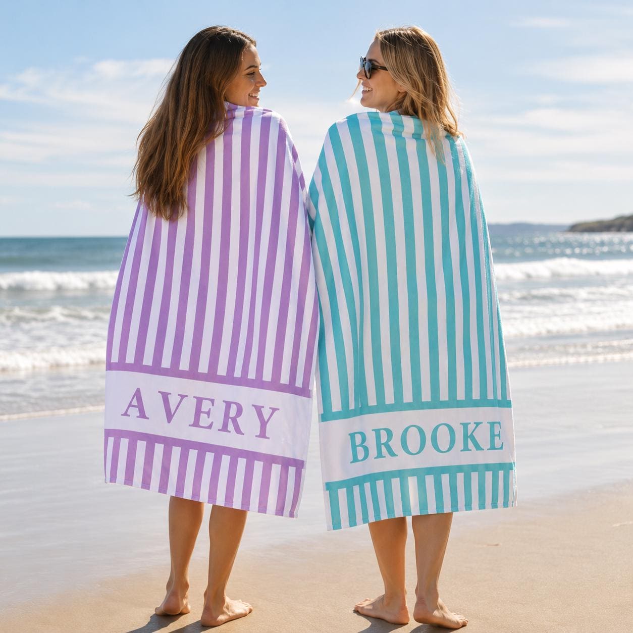 Personalized Vertical Striped Beach Towel, Custom Name Pool Swim Towel, Family Summer Trip Bachelorette Gift, Swimming Club Towel