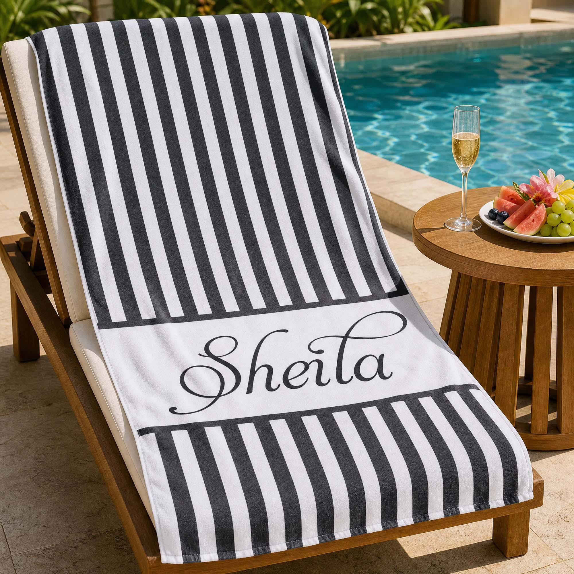 Personalized Vertical Striped Beach Towel, Custom Name Pool Swim Towel, Family Summer Trip Bachelorette Gift, Swimming Club Towel
