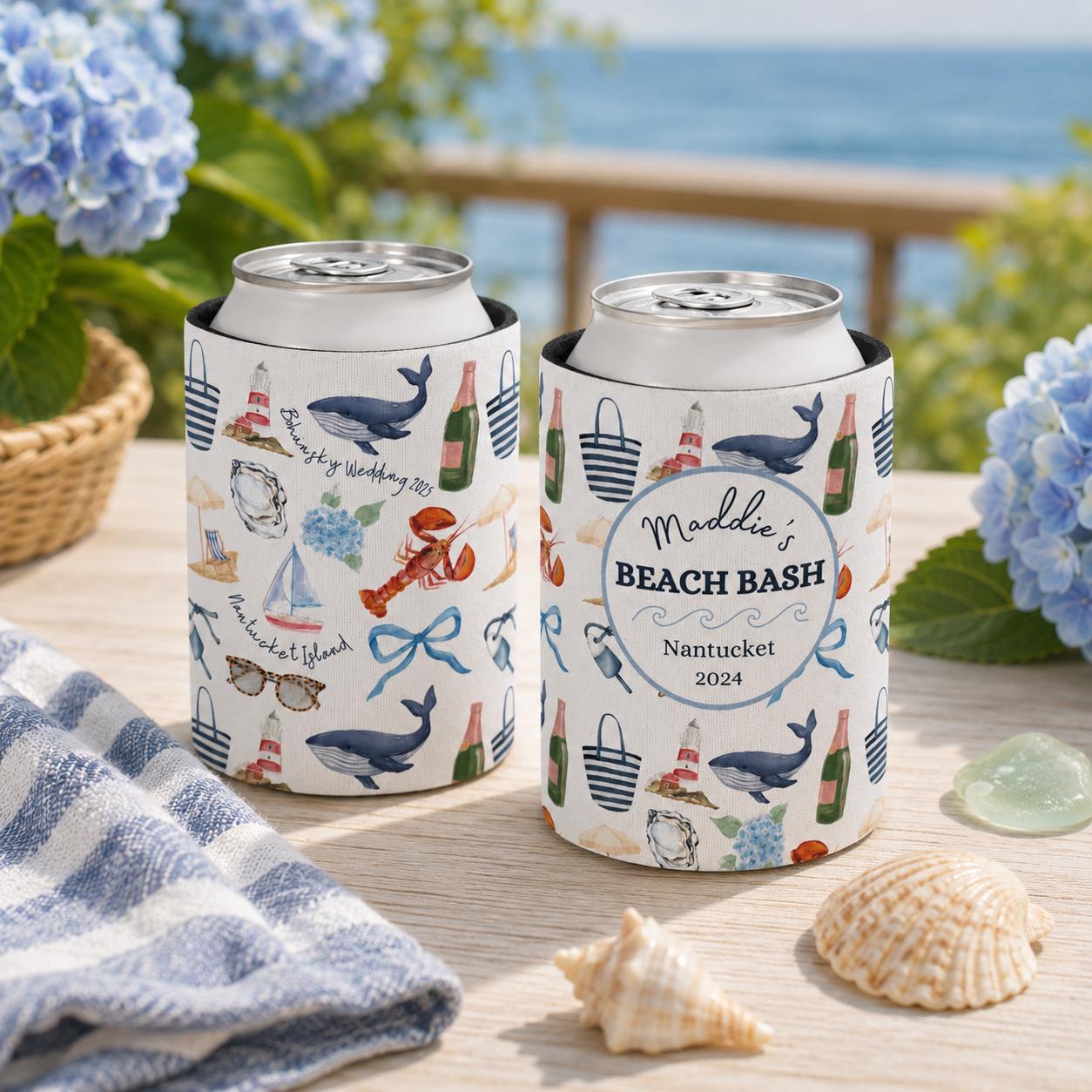 Custom Coastal Coquette Can Cooler; Preppy New England, Nantucket, Cape Cod, Hamptons, Maine, Bachelorette Bridal Gift; Slim and Regular Can
