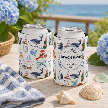 Custom Coastal Coquette Can Cooler; Preppy New England, Nantucket, Cape Cod, Hamptons, Maine, Bachelorette Bridal Gift; Slim and Regular Can