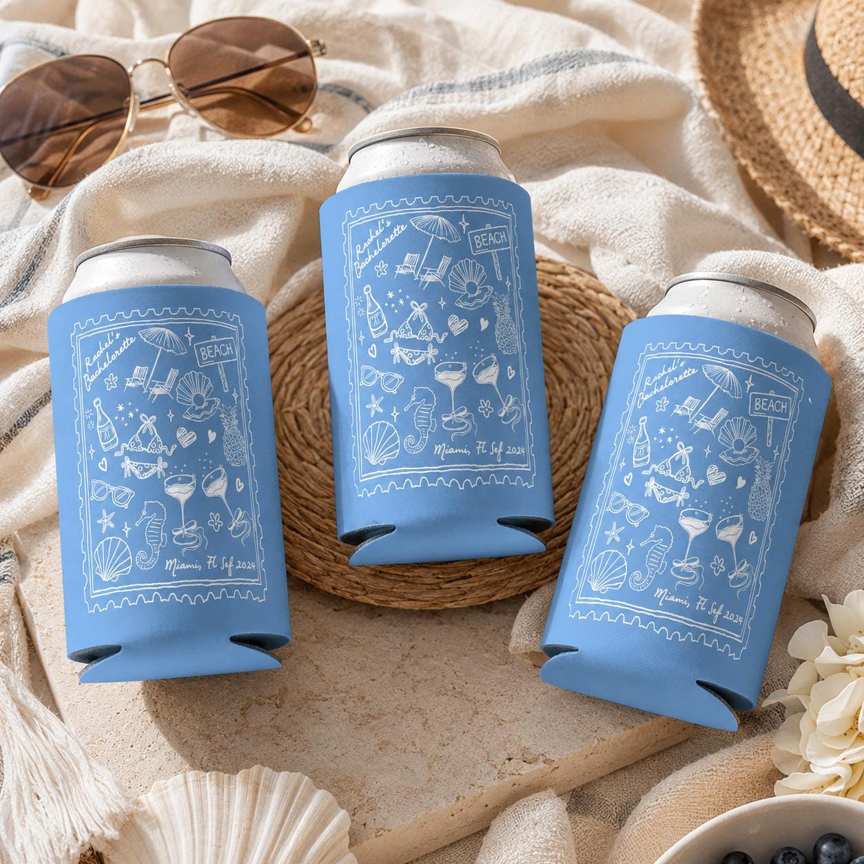 Personalized Beach Bachelorette Party Decor, Beach Party Can Cooler, Customized Location Bachelorette Can Cooler, Bridal Party Shower Favors