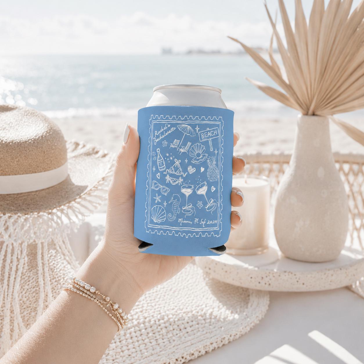 Personalized Beach Bachelorette Party Decor, Beach Party Can Cooler, Customized Location Bachelorette Can Cooler, Bridal Party Shower Favors