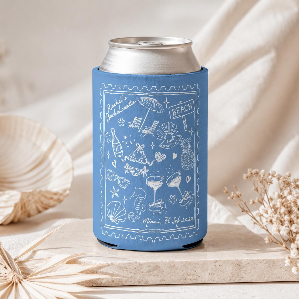 Personalized Beach Bachelorette Party Decor, Beach Party Can Cooler, Customized Location Bachelorette Can Cooler, Bridal Party Shower Favors