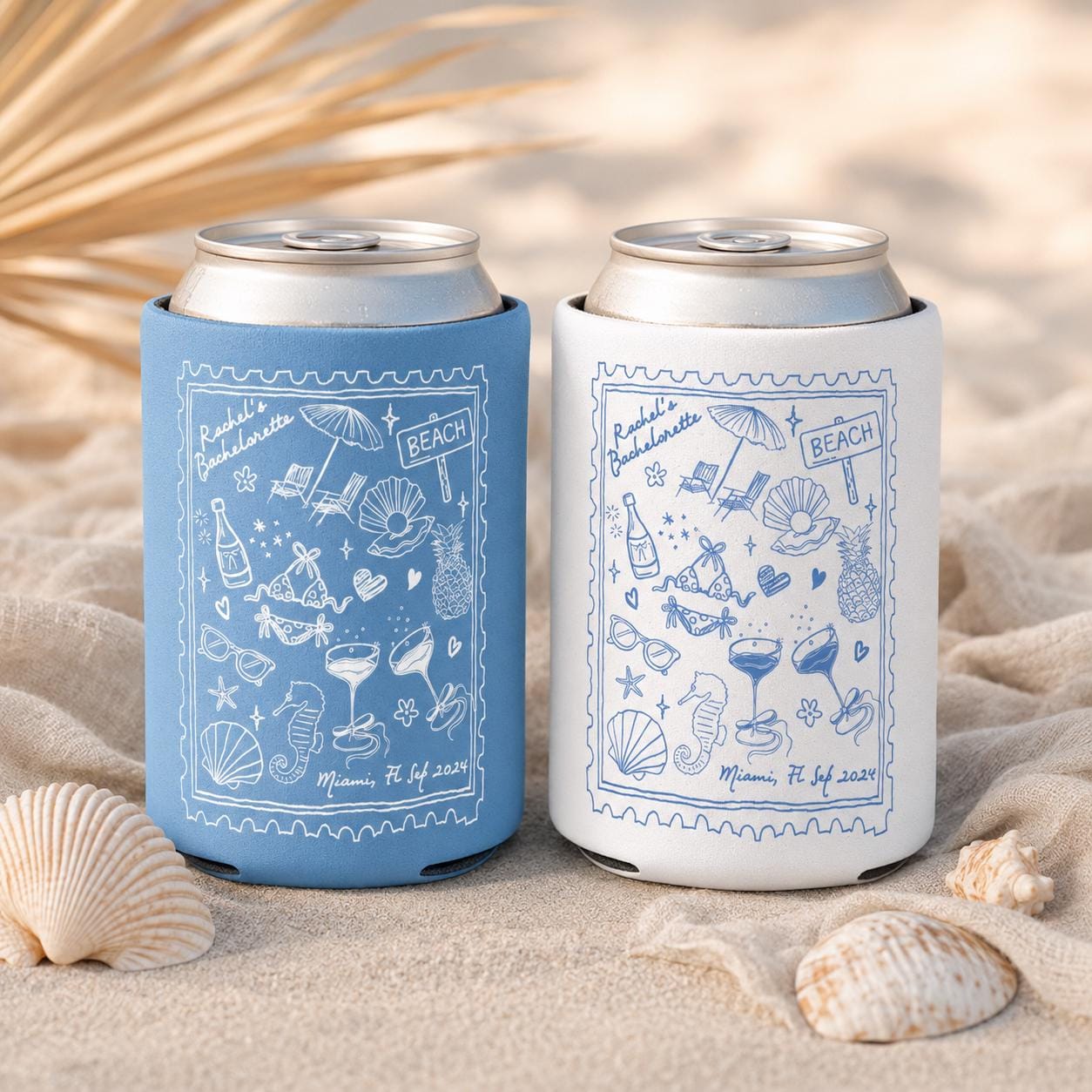 Personalized Beach Bachelorette Party Decor, Beach Party Can Cooler, Customized Location Bachelorette Can Cooler, Bridal Party Shower Favors