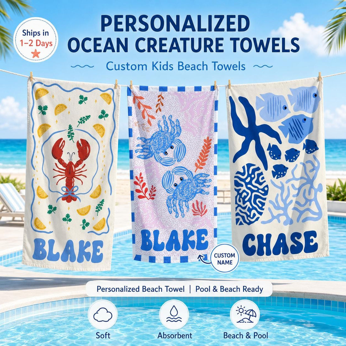 Personalized Marine Animal Beach Towel,Custom Name Towel for Baby/Kids,Vacation Girls Pool Towel,Beach Party Essentials,Cute Gift for Kids