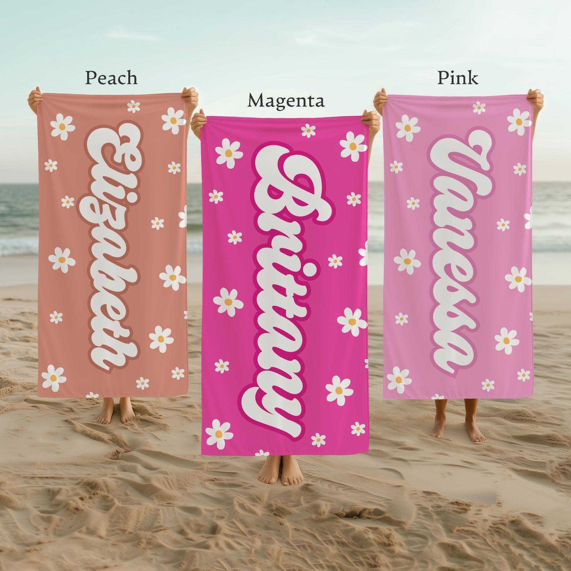 Personalized Daisy Beach Towel, Custom Name Retro Bath Towel, Bachlorette Gift, Kids Beach Towel