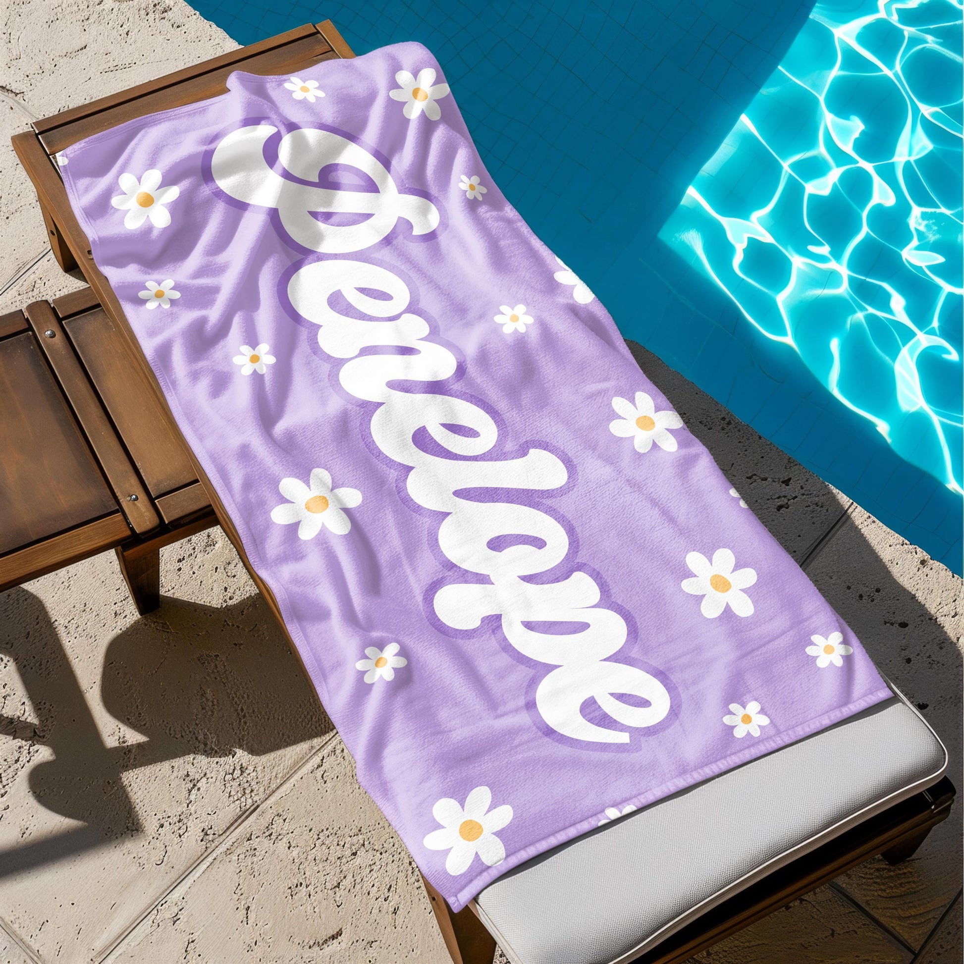 Personalized Daisy Beach Towel, Custom Name Retro Bath Towel, Bachlorette Gift, Kids Beach Towel
