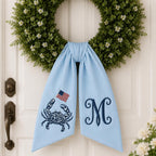 Coastal Crab Monogram Wreath Sash, Nautical Summer Door Bow, Linen Wreath Ribbon, Patriotic 4th of July Decor, Custom Initial Monogram