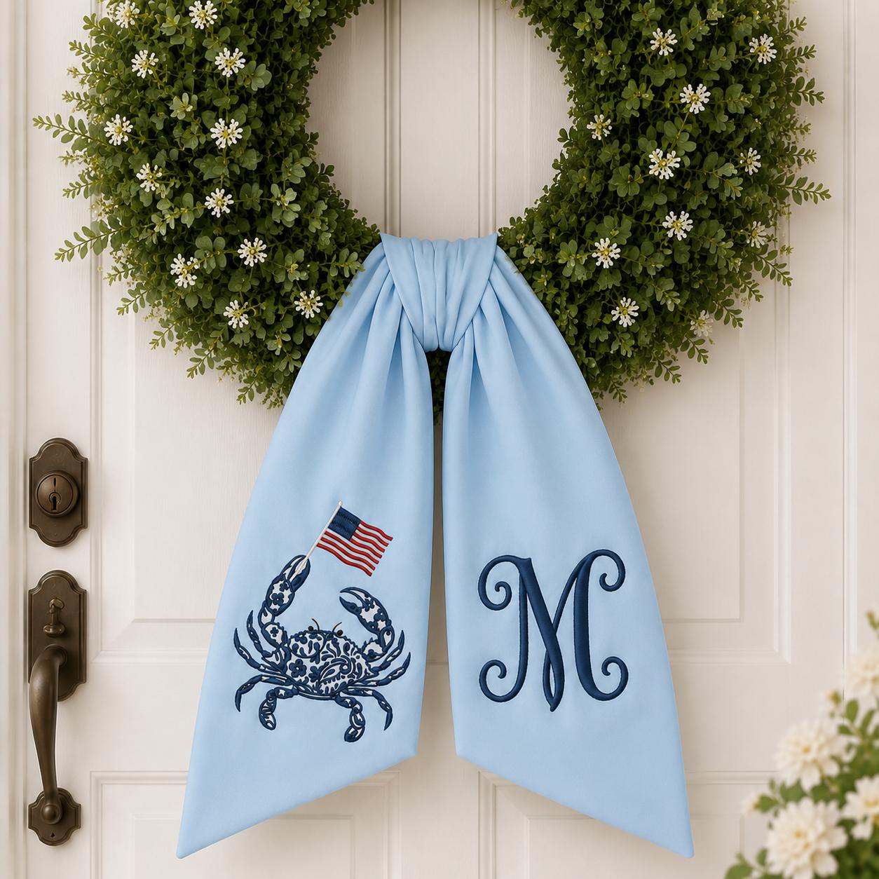 Coastal Crab Monogram Wreath Sash, Nautical Summer Door Bow, Linen Wreath Ribbon, Patriotic 4th of July Decor, Custom Initial Monogram