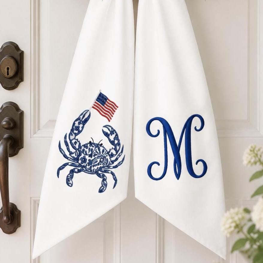 Coastal Crab Monogram Wreath Sash, Nautical Summer Door Bow, Linen Wreath Ribbon, Patriotic 4th of July Decor, Custom Initial Monogram