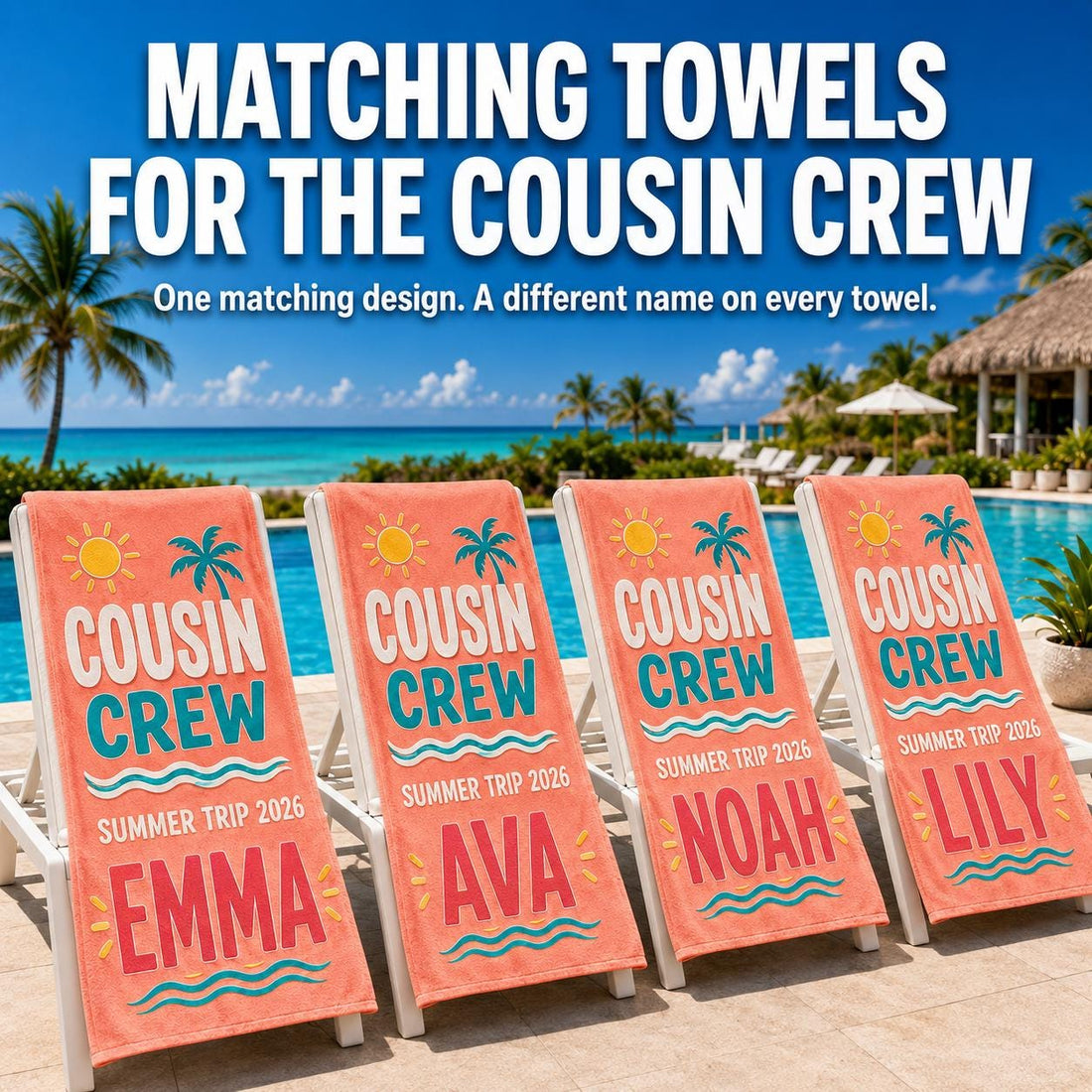 Custom Cousin Crew Beach Towel, Personalized Matching Summer Vacation Gift