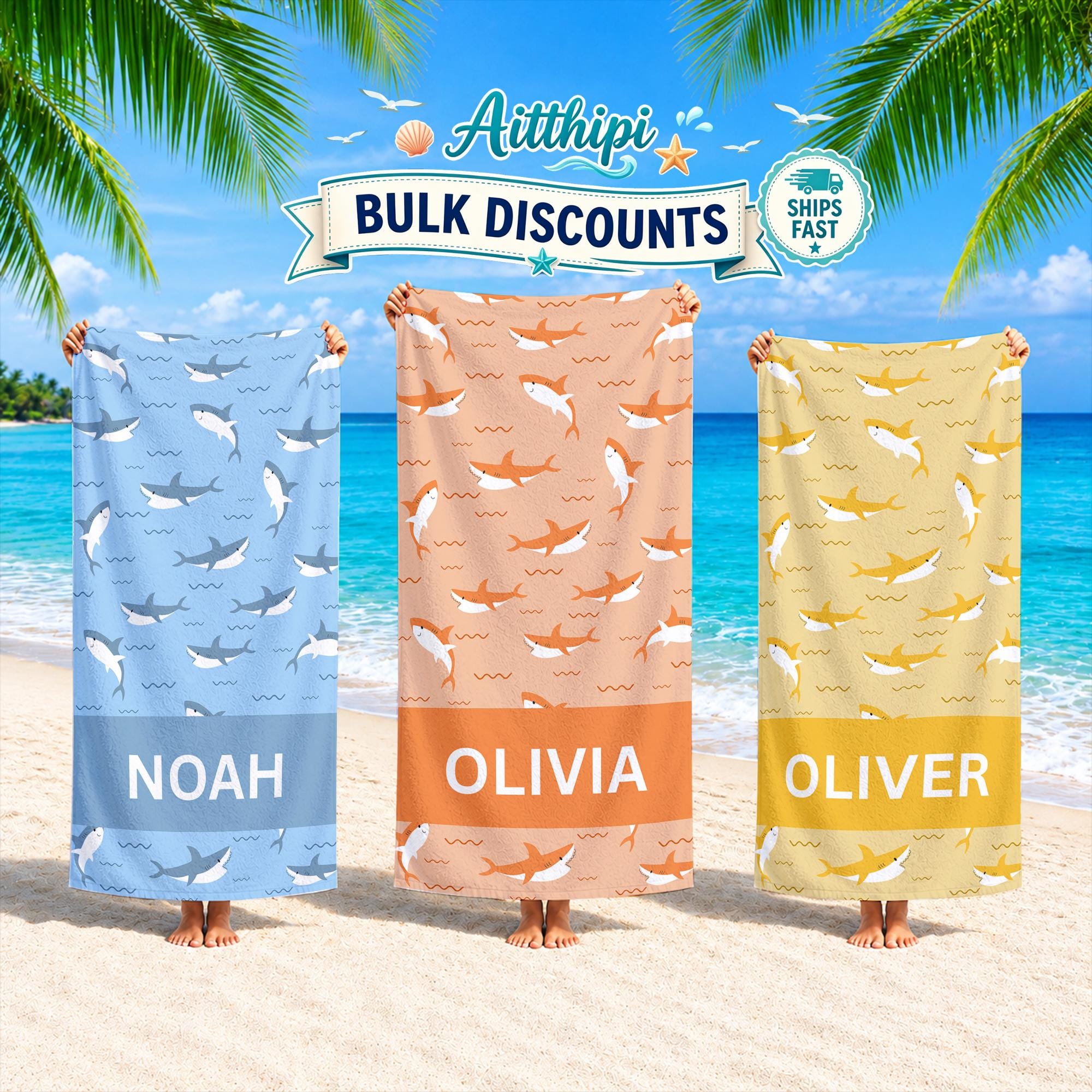 Customd Shark Beach Towel,Personalize Name Pool Towel,Ocean Theme Beach Towel for Kids,Summer Vacation Gift,Picnic Towel,Marine Life Towel