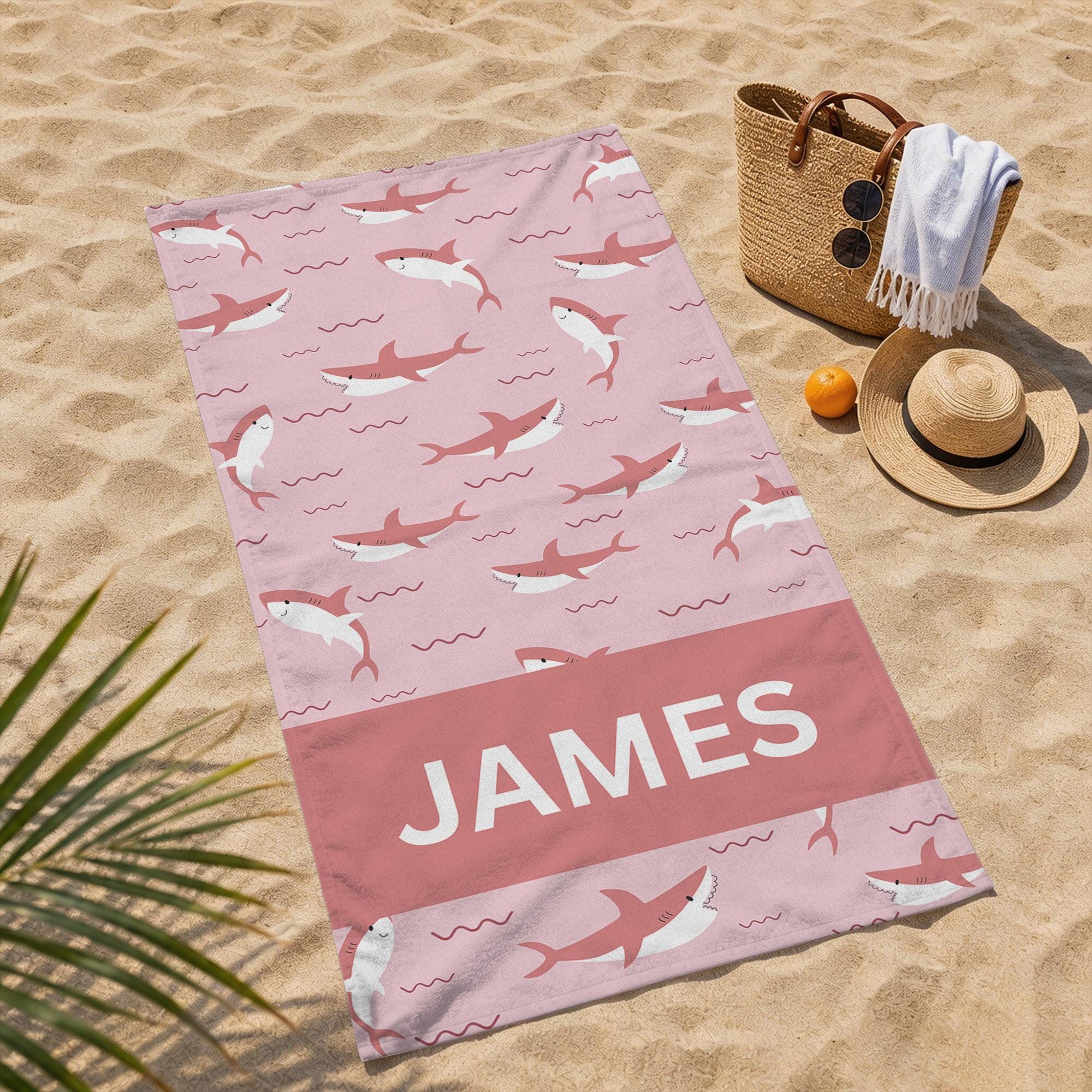 Customd Shark Beach Towel,Personalize Name Pool Towel,Ocean Theme Beach Towel for Kids,Summer Vacation Gift,Picnic Towel,Marine Life Towel