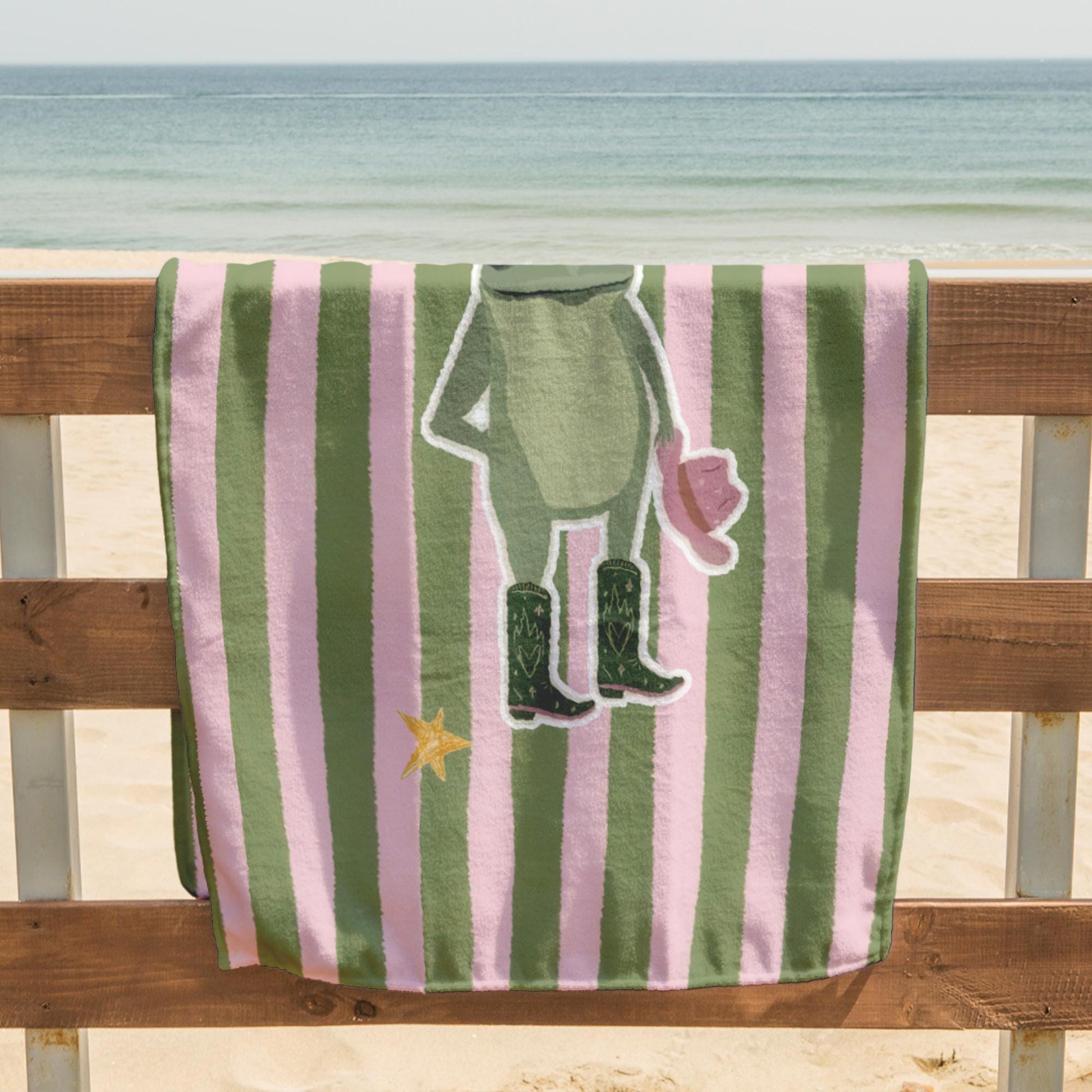 Cute Frog Beach Towel, Personalized Pool Towel, Pink Green Striped Summer Towel, Custom Printed Gift For Girls