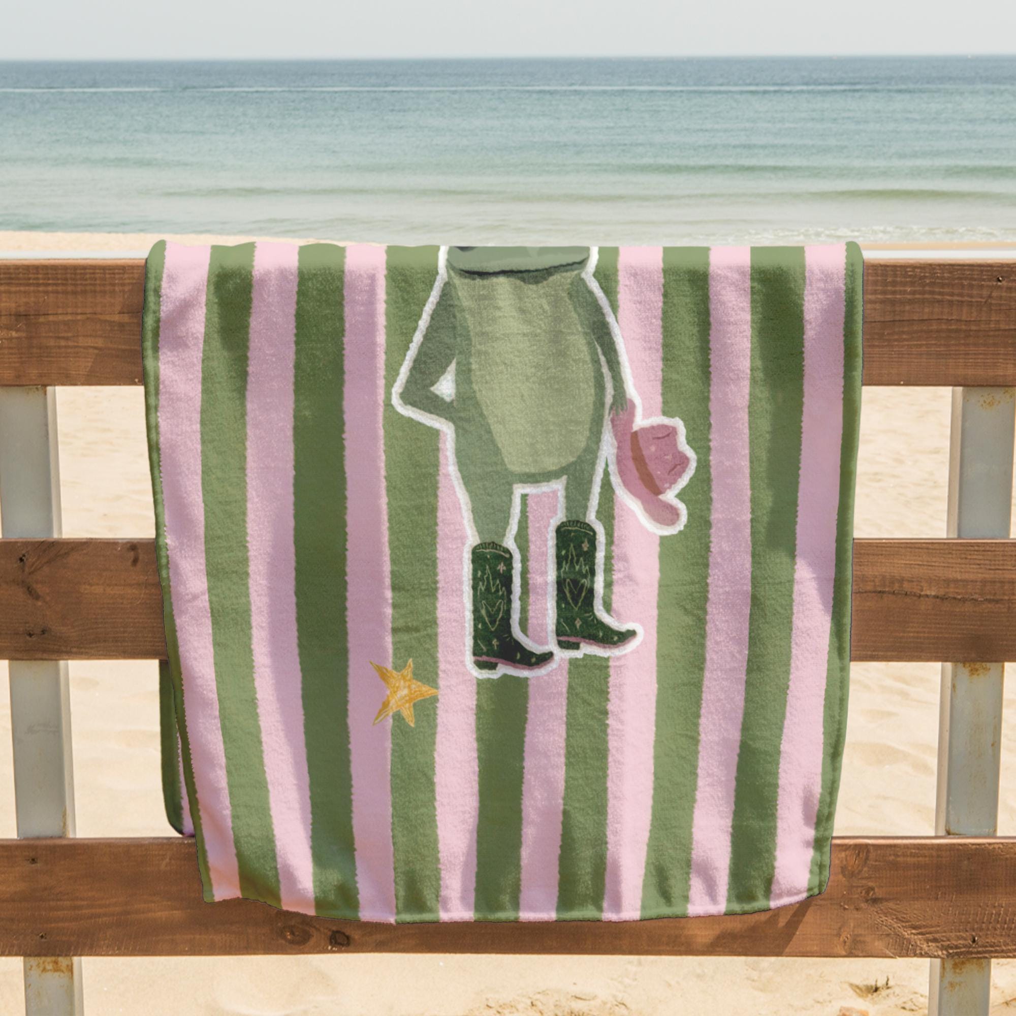Cute Frog Beach Towel, Personalized Pool Towel, Pink Green Striped Summer Towel, Custom Printed Gift For Girls