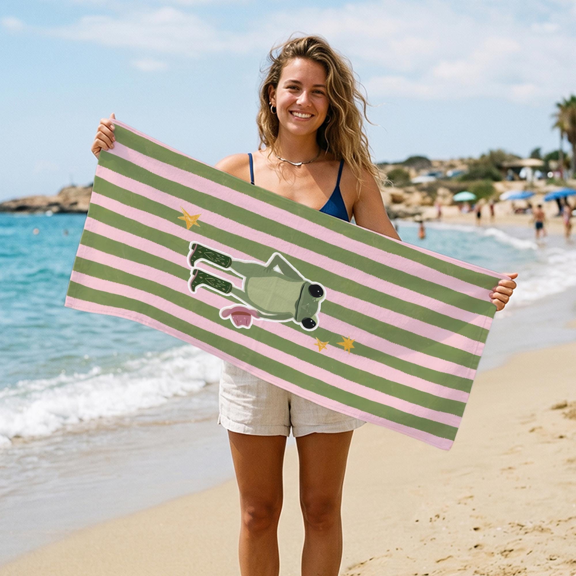 Cute Frog Beach Towel, Personalized Pool Towel, Pink Green Striped Summer Towel, Custom Printed Gift For Girls