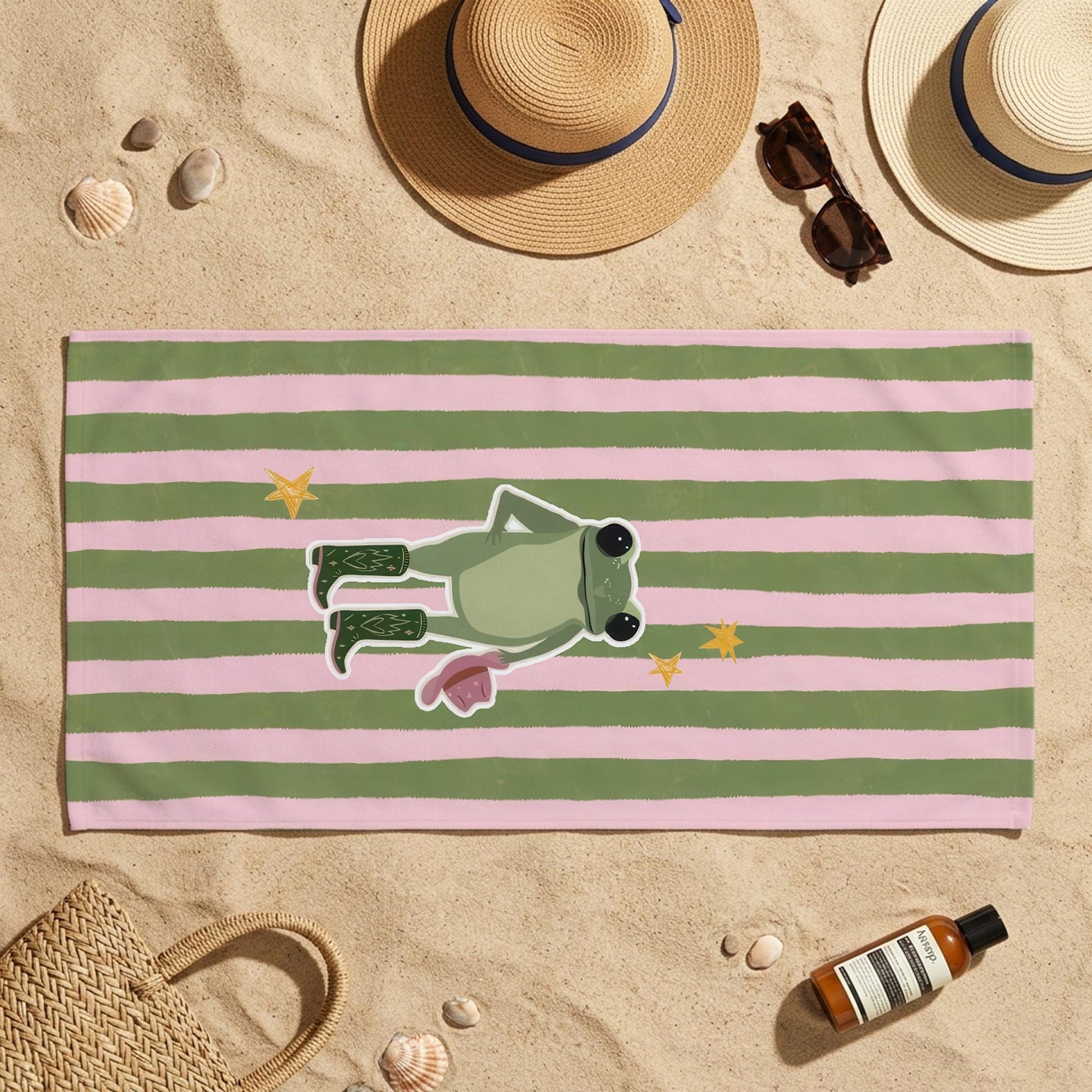 Cute Frog Beach Towel, Personalized Pool Towel, Pink Green Striped Summer Towel, Custom Printed Gift For Girls