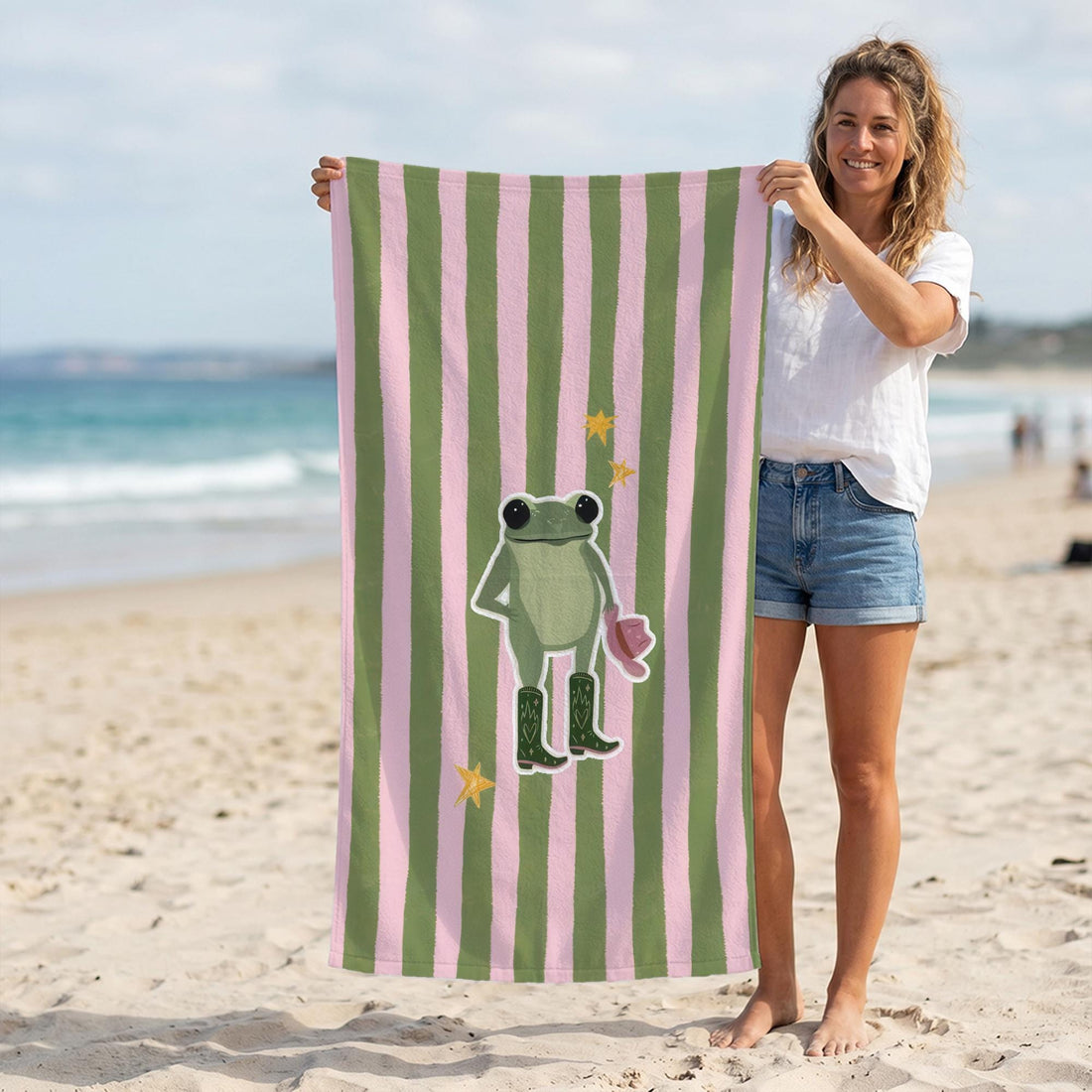 Cute Frog Beach Towel, Personalized Pool Towel, Pink Green Striped Summer Towel, Custom Printed Gift For Girls