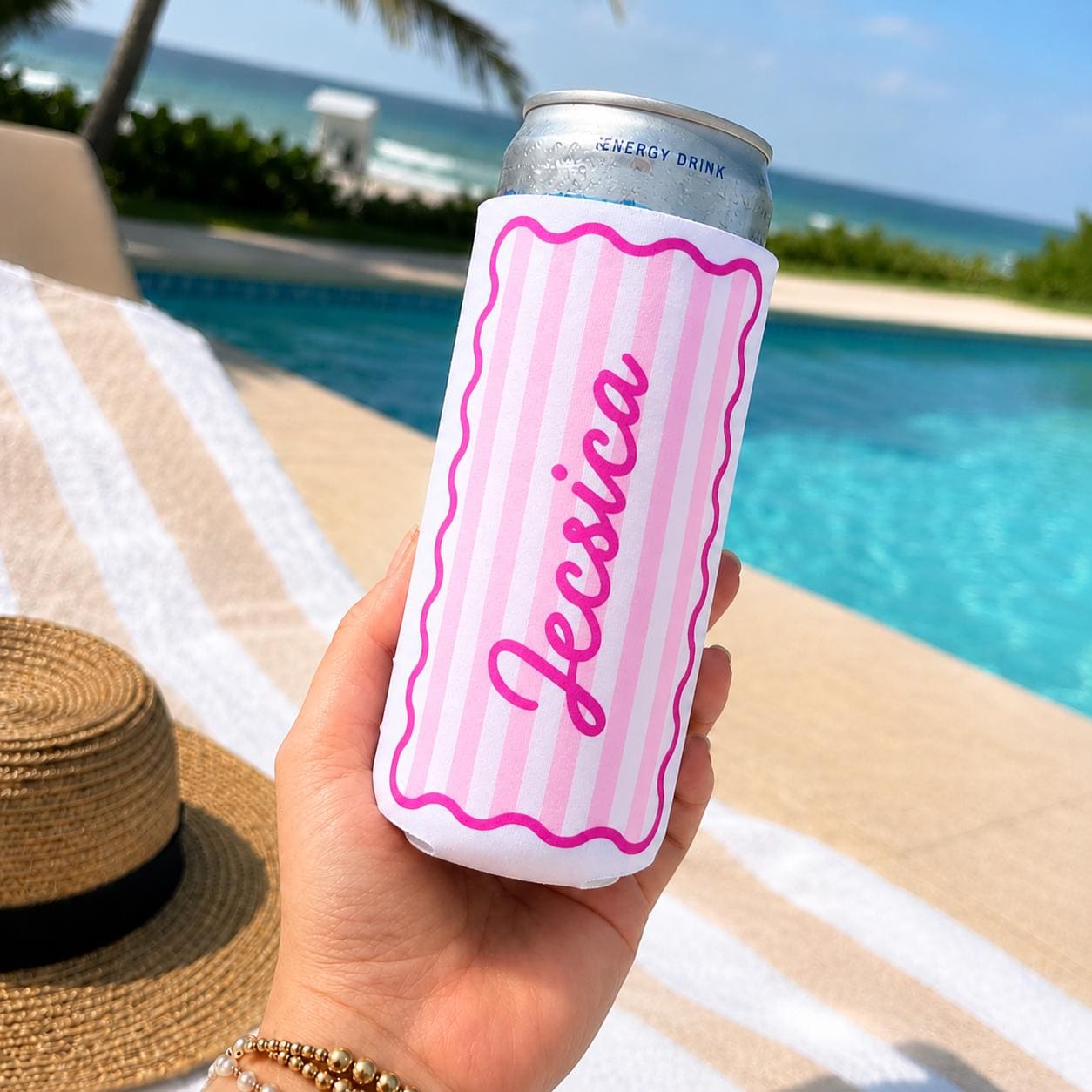Stripe Custom Drink Can Coolers, Bridesmaid Gifts, Wedding Party Favors, Personalized Cozies, Gifts for Her, Slim or Regular Cozie with Name