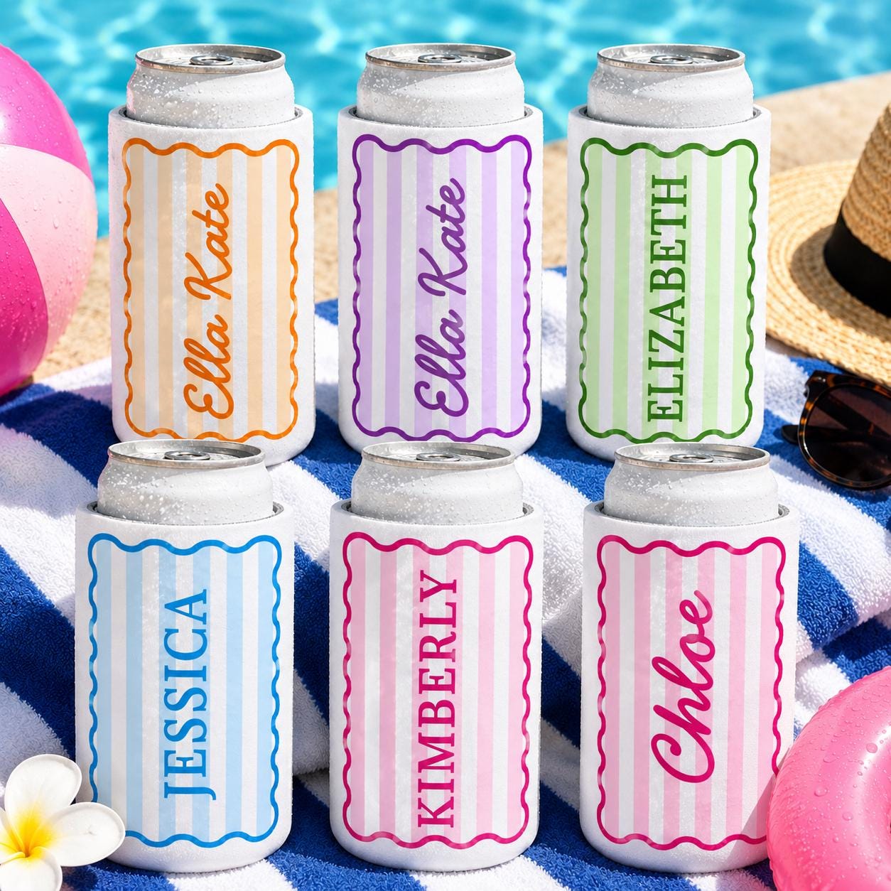 Stripe Custom Drink Can Coolers, Bridesmaid Gifts, Wedding Party Favors, Personalized Cozies, Gifts for Her, Slim or Regular Cozie with Name