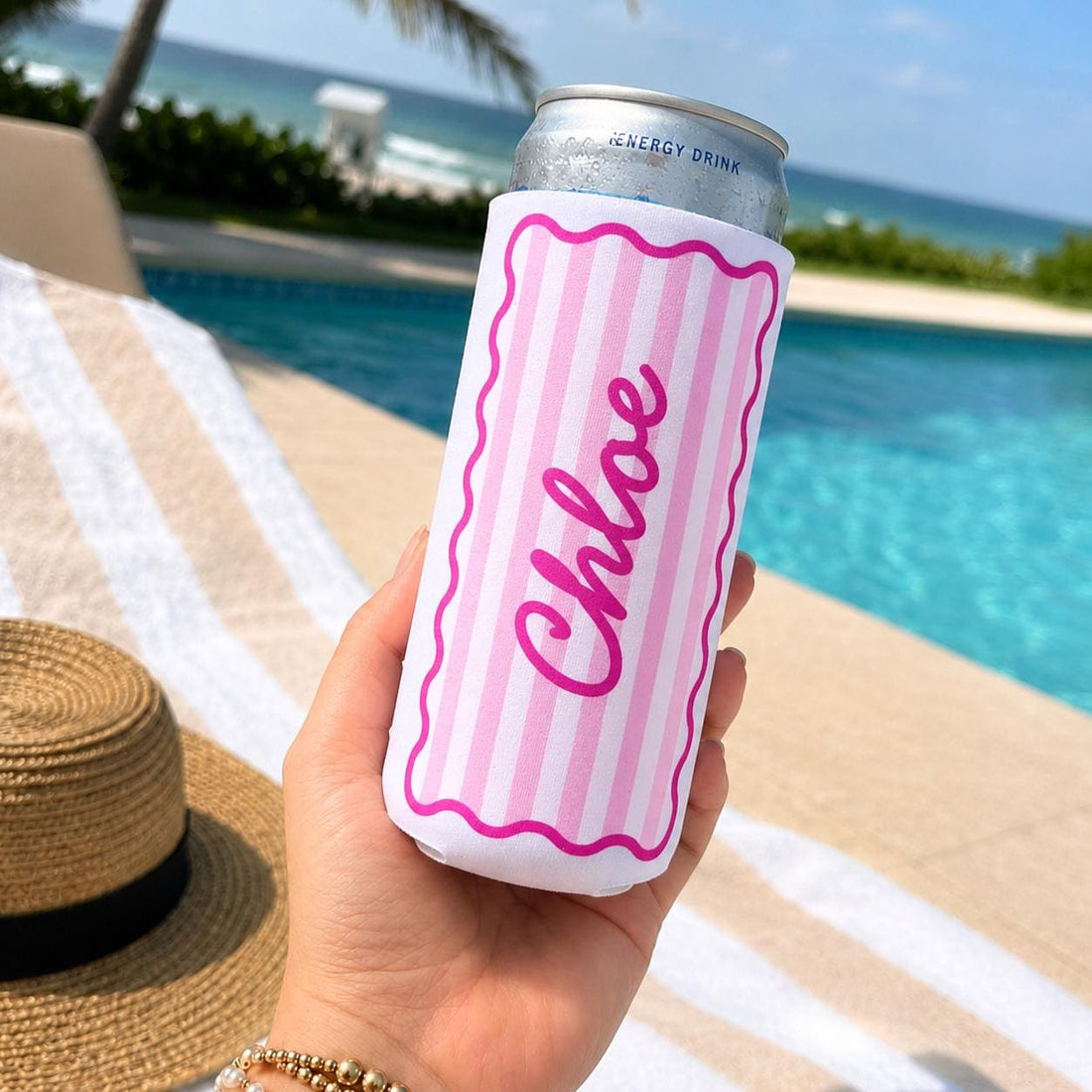 Stripe Custom Drink Can Coolers, Bridesmaid Gifts, Wedding Party Favors, Personalized Cozies, Gifts for Her, Slim or Regular Cozie with Name