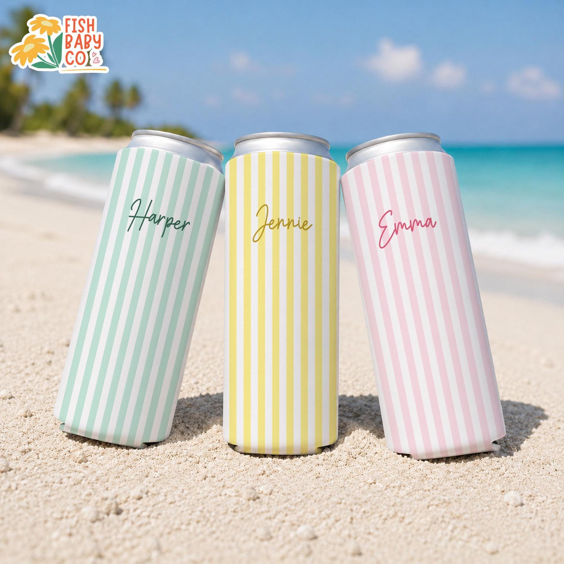 Personalized Name Monogrammed Slim Can Cooler, Beach Bachelorette Favors, Stripe Skinny Can Cooler, Bridal Party Gift, Bridesmaid Gifts