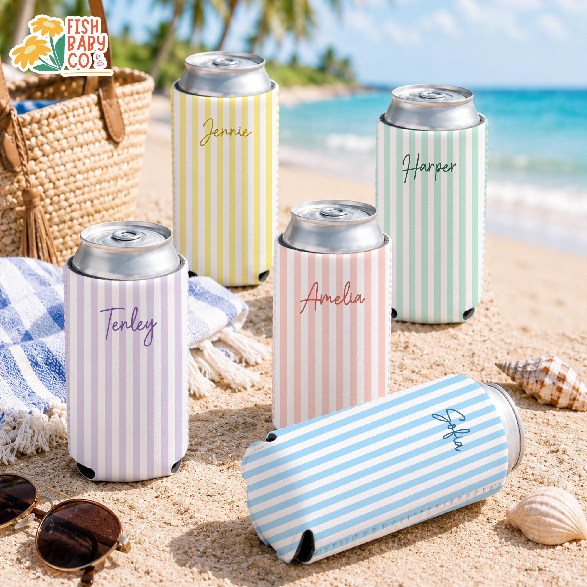 Personalized Name Monogrammed Slim Can Cooler, Beach Bachelorette Favors, Stripe Skinny Can Cooler, Bridal Party Gift, Bridesmaid Gifts