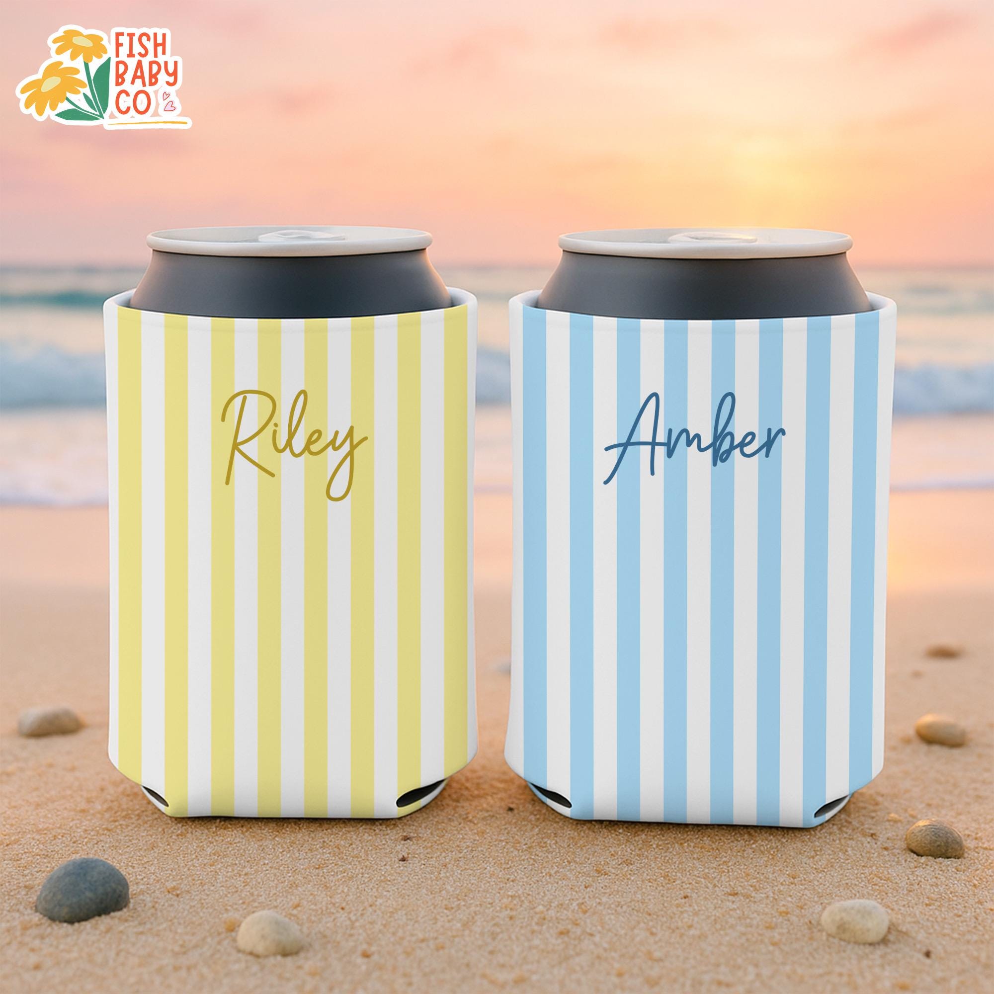 Personalized Name Monogrammed Slim Can Cooler, Beach Bachelorette Favors, Stripe Skinny Can Cooler, Bridal Party Gift, Bridesmaid Gifts