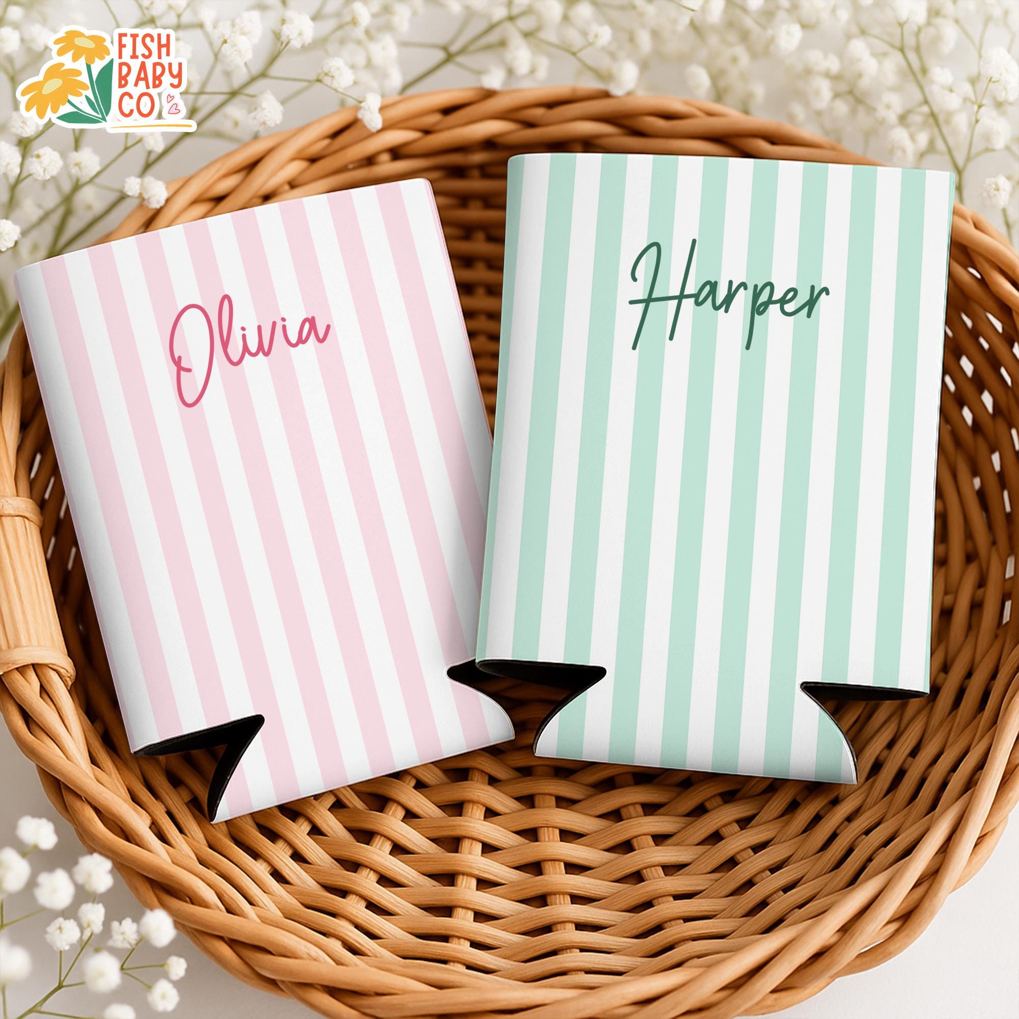 Personalized Name Monogrammed Slim Can Cooler, Beach Bachelorette Favors, Stripe Skinny Can Cooler, Bridal Party Gift, Bridesmaid Gifts
