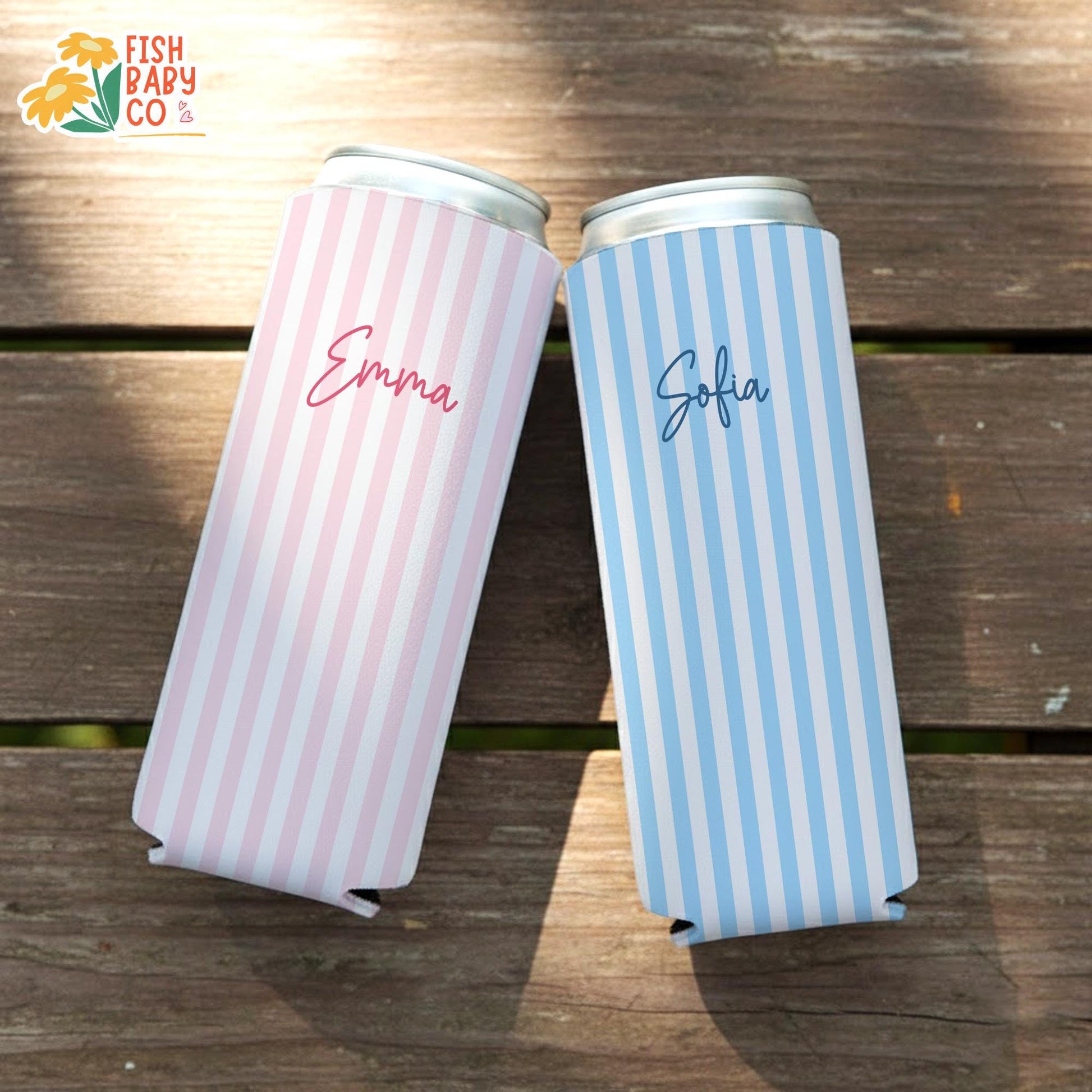 Personalized Name Monogrammed Slim Can Cooler, Beach Bachelorette Favors, Stripe Skinny Can Cooler, Bridal Party Gift, Bridesmaid Gifts