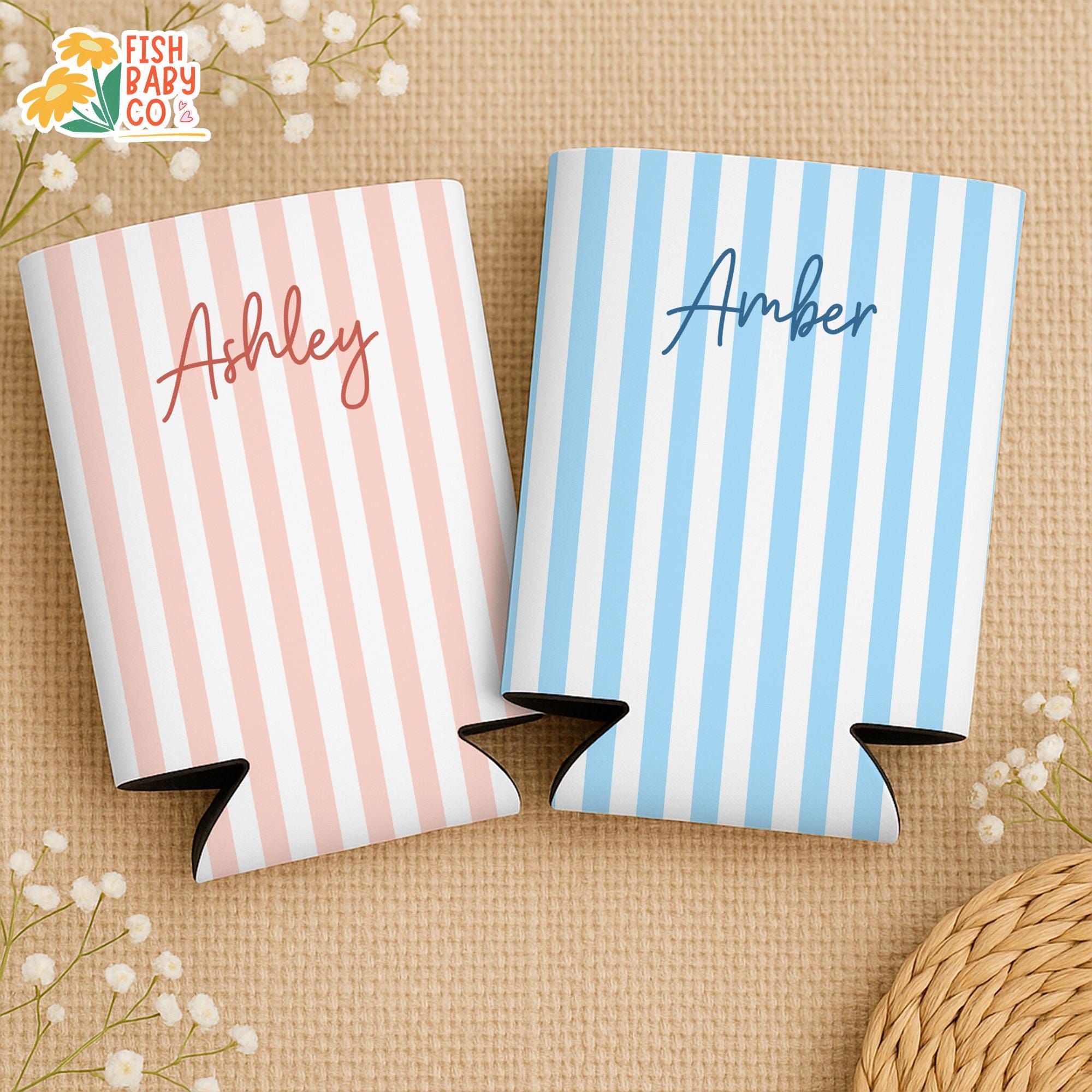Personalized Name Monogrammed Slim Can Cooler, Beach Bachelorette Favors, Stripe Skinny Can Cooler, Bridal Party Gift, Bridesmaid Gifts