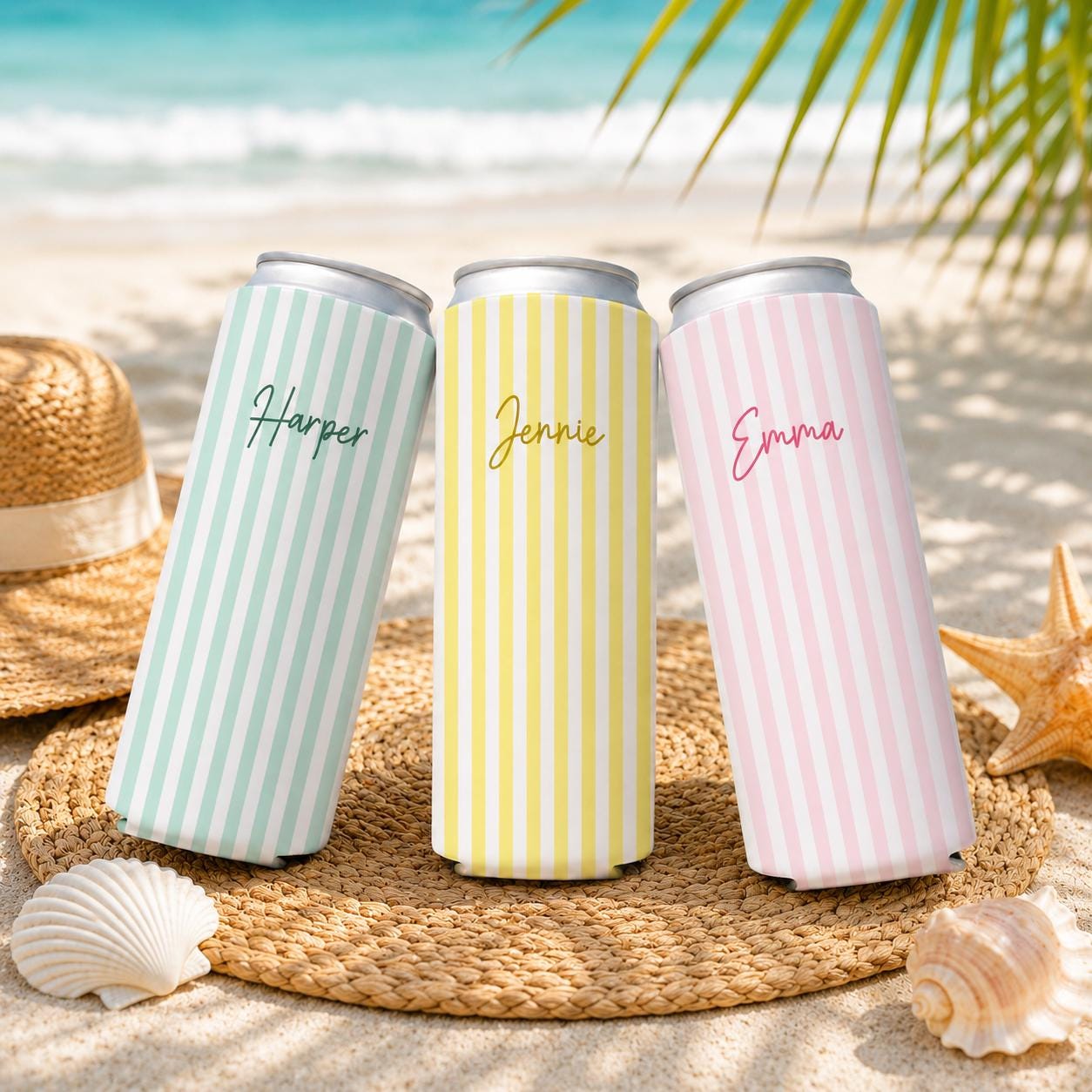 Personalized Name Monogrammed Slim Can Cooler, Beach Bachelorette Favors, Stripe Skinny Can Cooler, Bridal Party Gift, Bridesmaid Gifts